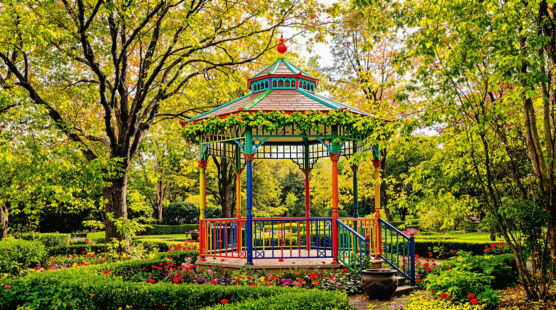Colorful gazebo stands in a vibrant garden surrounded by lush greenery and blooming flowers, captured in a detailed 4K Ultra HD nature and architecture wallpaper.