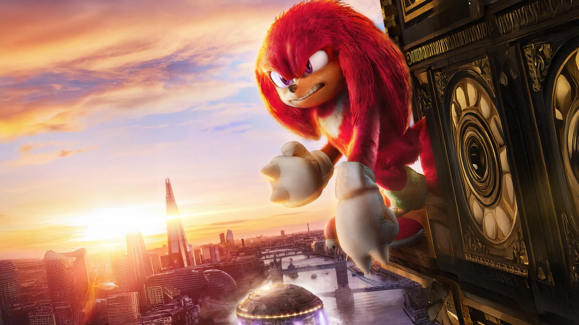 4K Ultra HD desktop wallpaper featuring Knuckles from Sonic the Hedgehog 3 overlooking a cityscape at sunset.