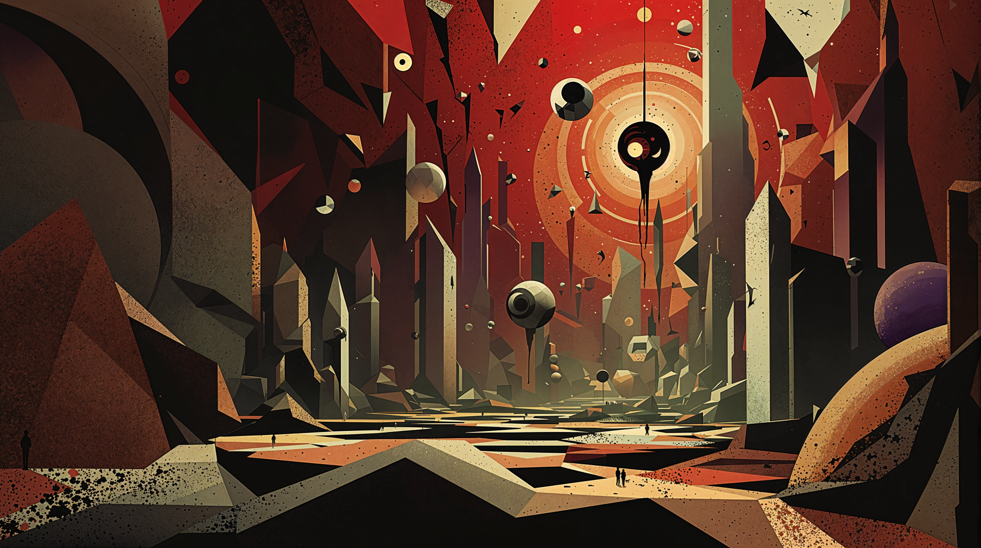 A striking 4K Ultra HD PC desktop wallpaper featuring a surreal landscape of jagged mountains, floating spheres, and a red-hued sky, evoking a sense of otherworldly adventure.