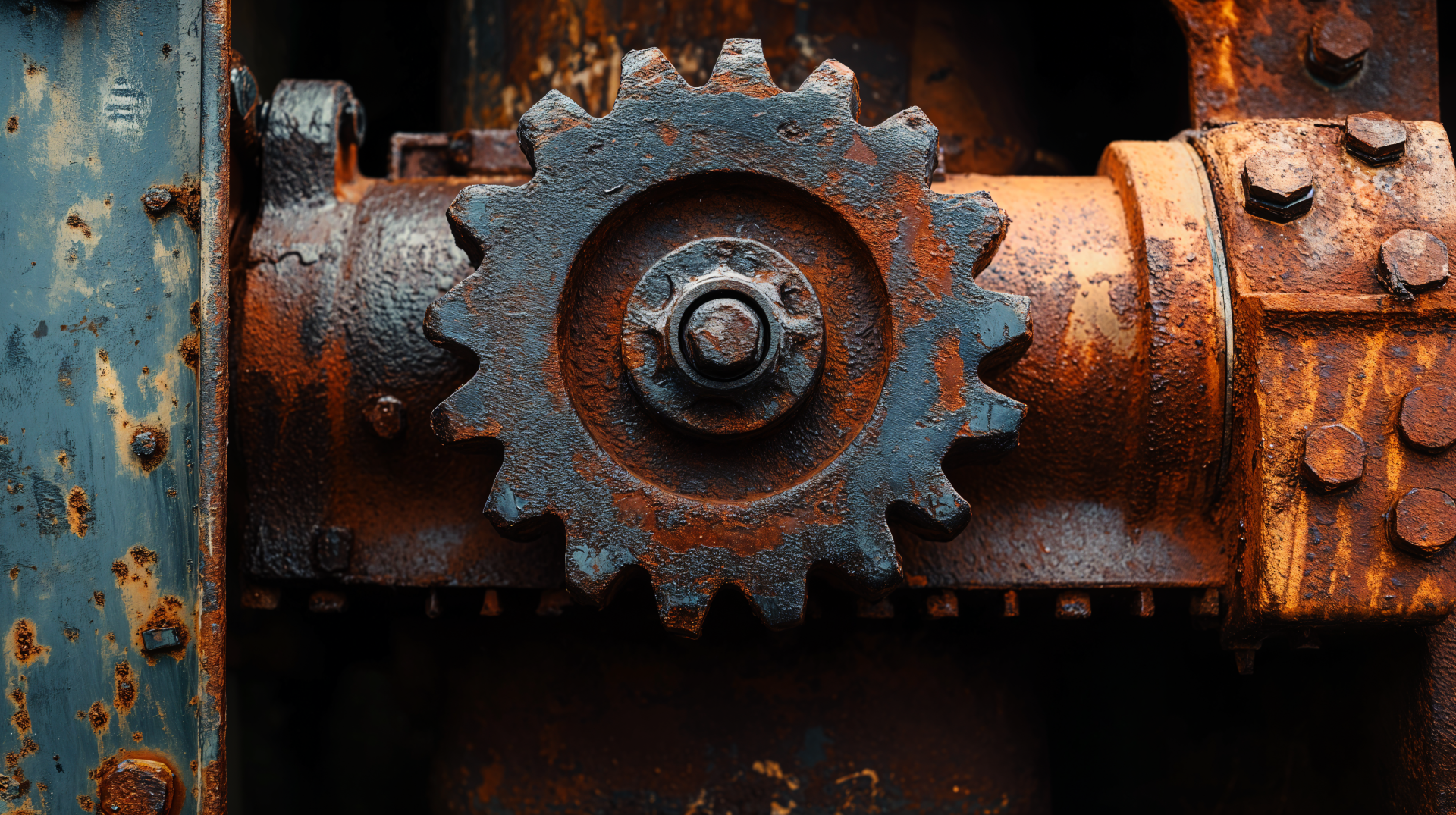 Close-up of a rusty gear and machinery, showcasing vibrant textures and colors. This image serves as a striking 4K Ultra HD desktop wallpaper and background.
