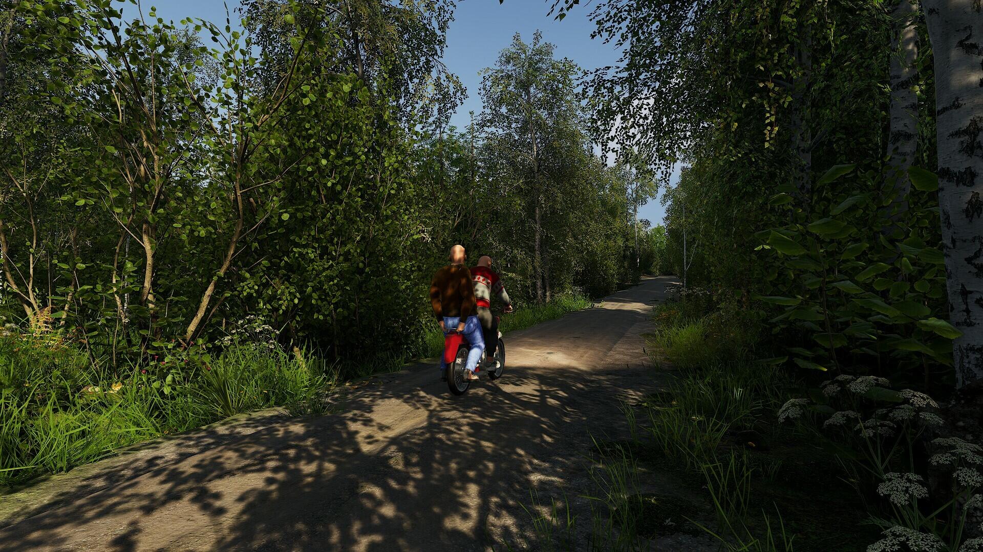 A serene scene from Finnish Cottage Simulator, showcasing a character riding a bike along a peaceful forest path, surrounded by lush greenery and sunlight filtering through the trees.