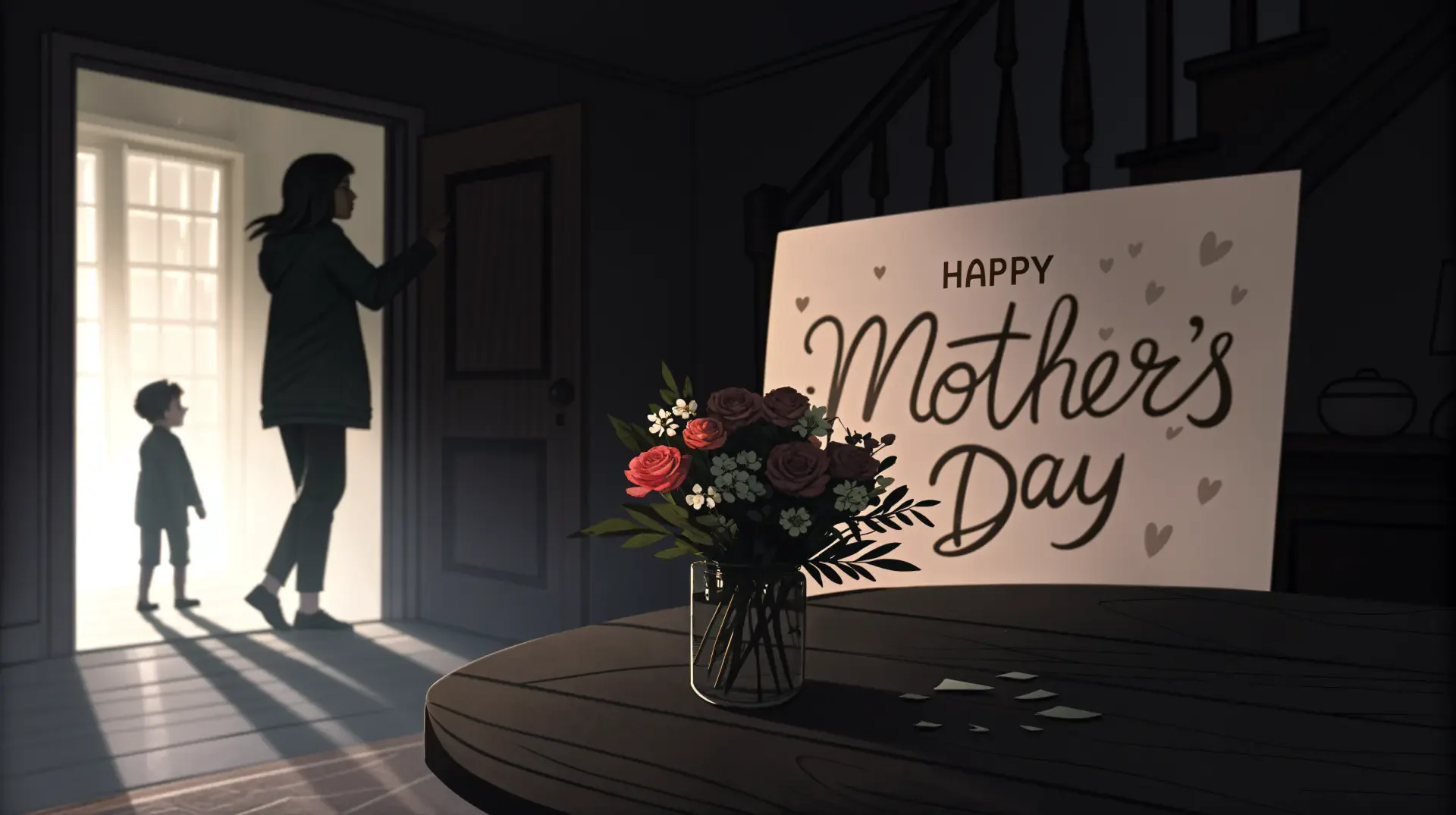 A warm, artistic 4K Ultra HD wallpaper features a flower arrangement beside a Happy Mother's Day sign, capturing a heartfelt moment between a mother and child in silhouette.