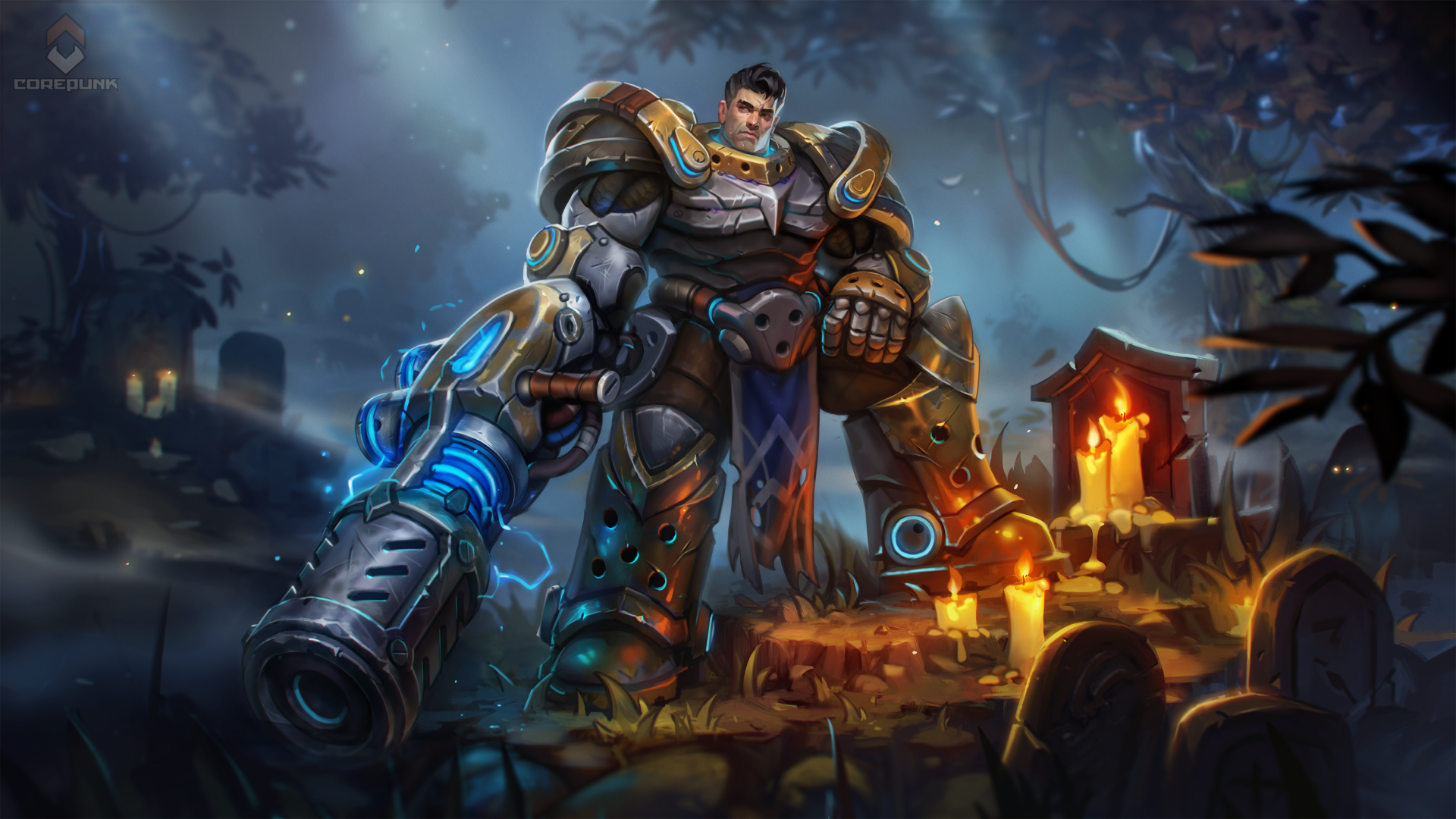 A futuristic, armored character stands in a mystical forest backdrop, illuminated by candles, showcasing vibrant details from the video game Corepunk, serving as an engaging HD PC wallpaper.