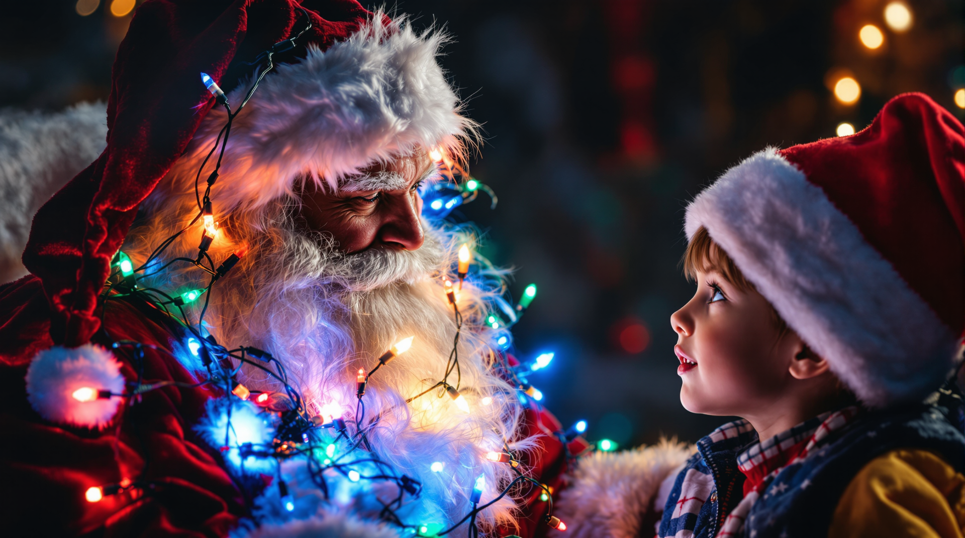 HD PC desktop wallpaper featuring a close-up of Santa Claus wrapped in colorful Christmas lights looking warmly at a child in a Santa hat against a dark, festive background.