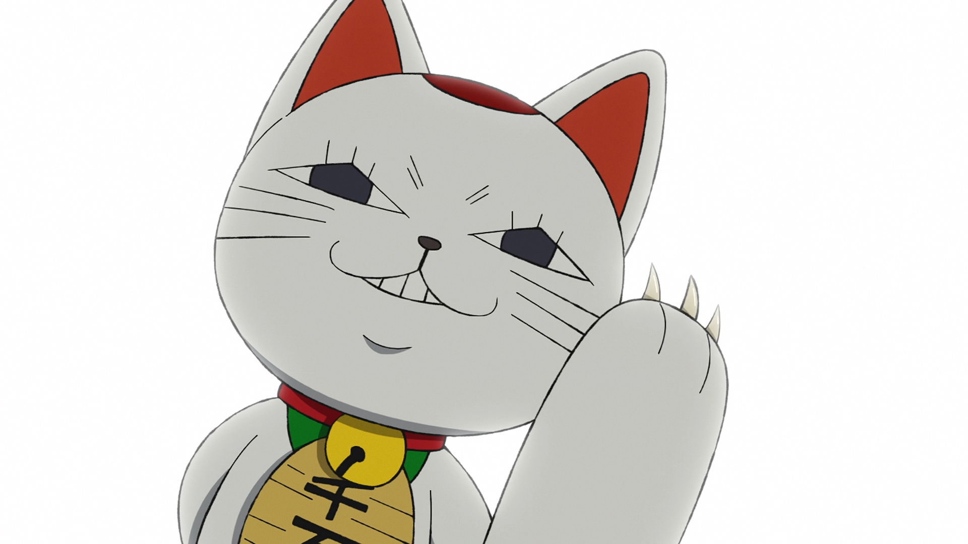 Anime HD PC desktop wallpaper of Dandadan's Turbo Granny: a grinning white maneki-neko cat with raised clawed paw and bell collar on a plain white background.