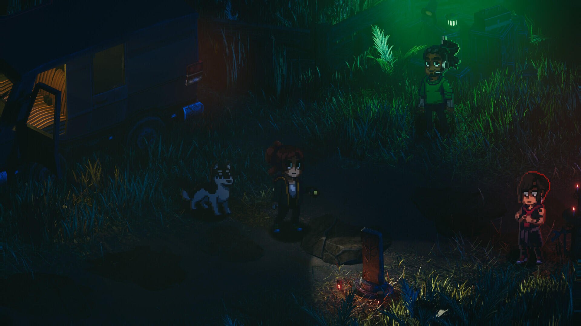 A captivating HD wallpaper from the video game Enigma of Fear, featuring two characters and a dog in a mysterious, overgrown setting illuminated by eerie green light.