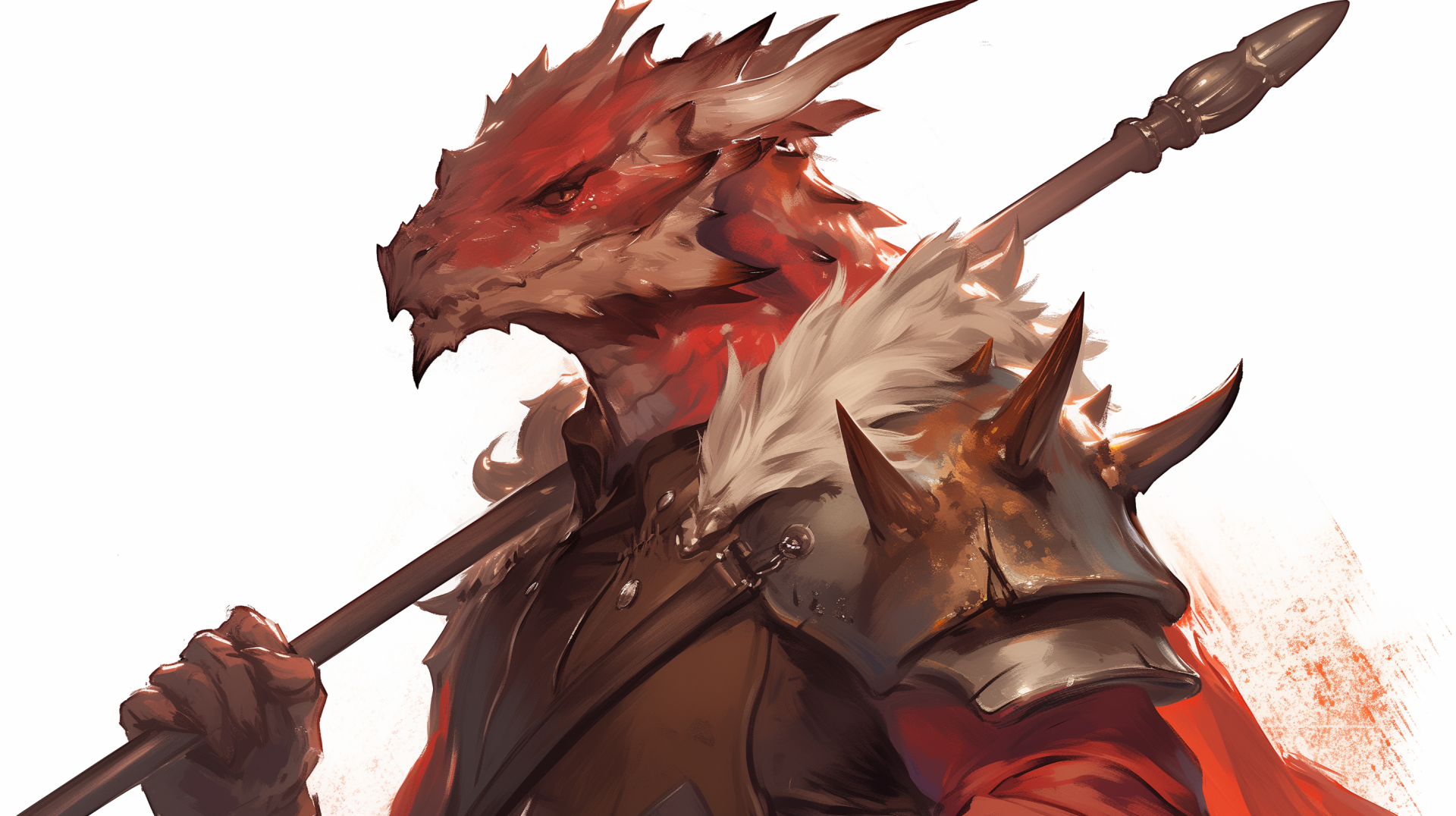 A formidable Dragonborn warrior clad in armor, wielding a spear, embodies the essence of fantasy in this vibrant HD PC desktop wallpaper.