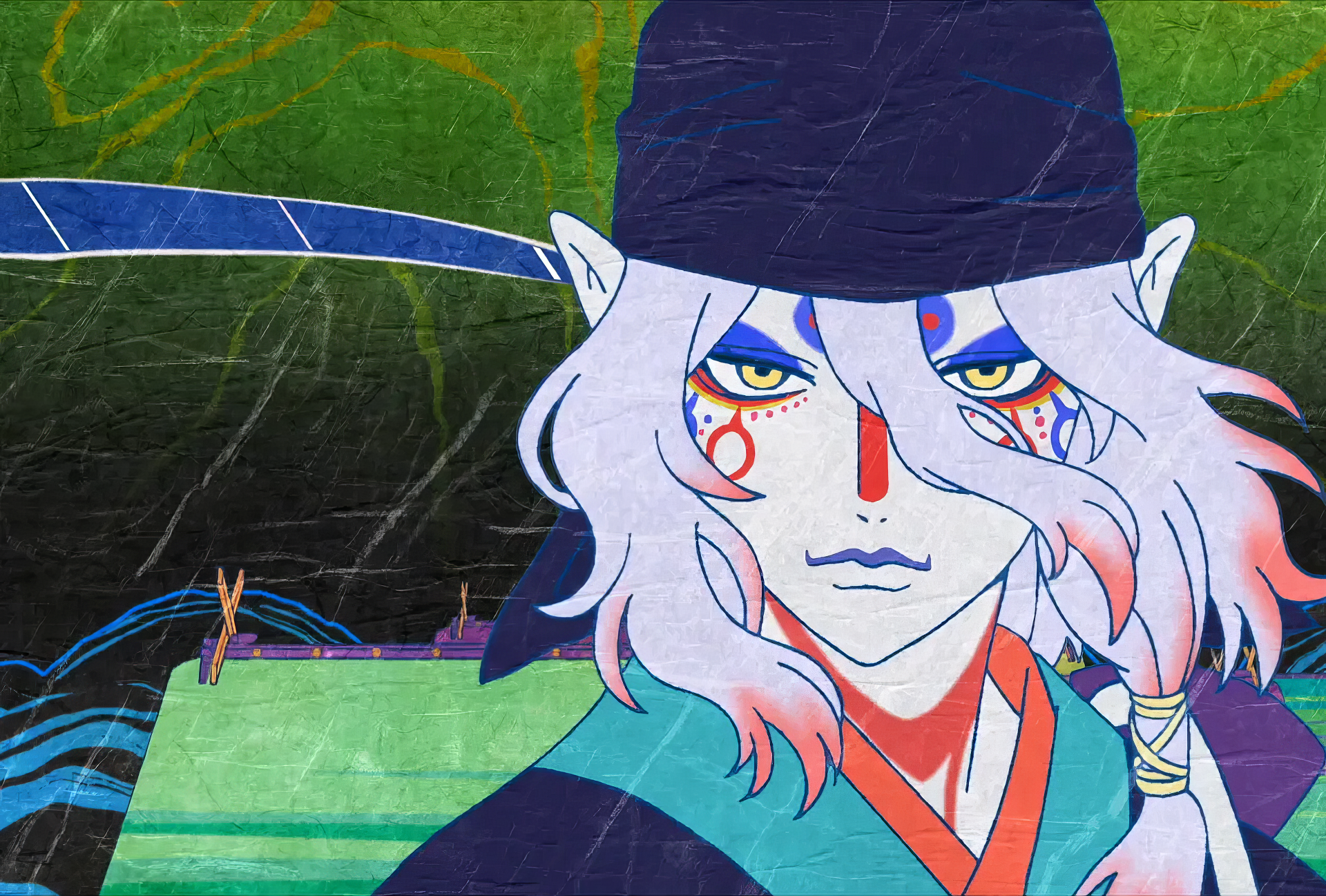 HD desktop wallpaper featuring a character from the movie Mononoke: The Movie: Phantom In The Rain, showcasing vibrant colors and an intricate design.