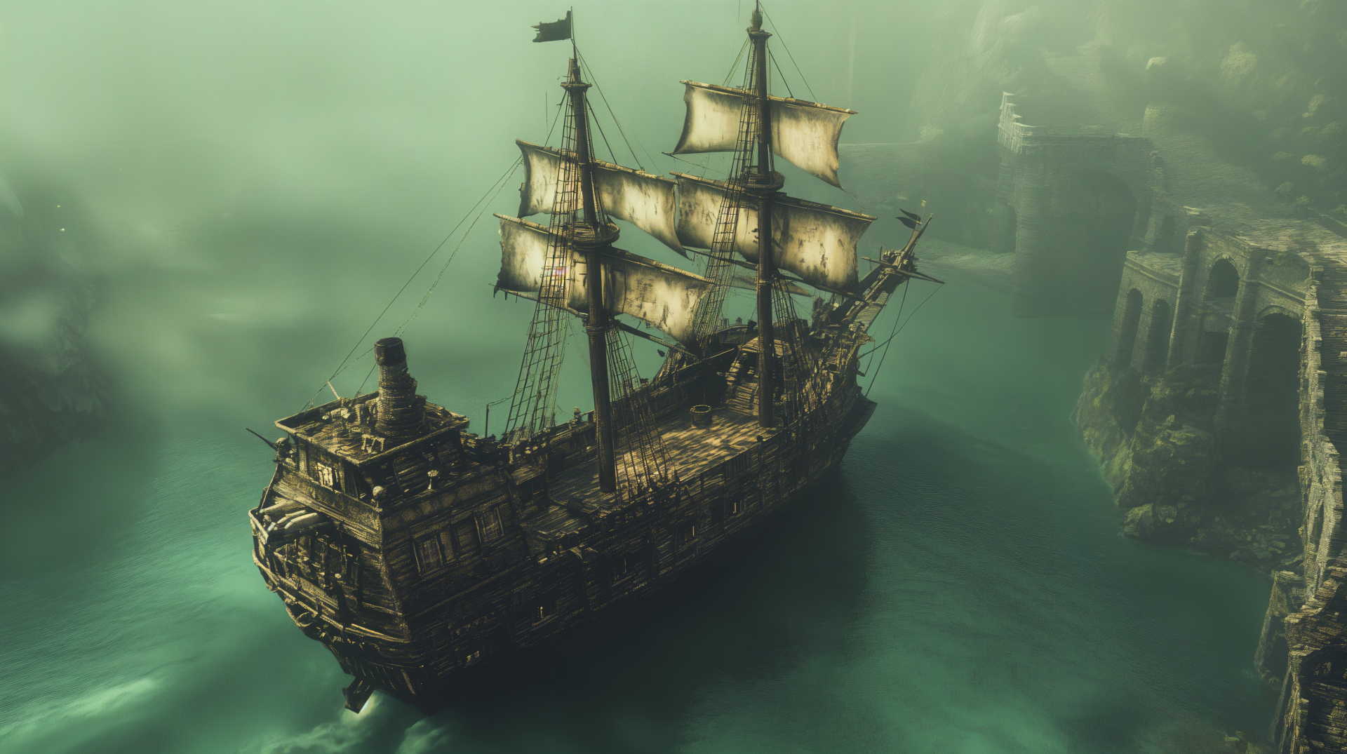 A majestic pirate ship sails through misty waters, featuring billowing sails and intricate details, making it an impressive 4K Ultra HD desktop wallpaper.