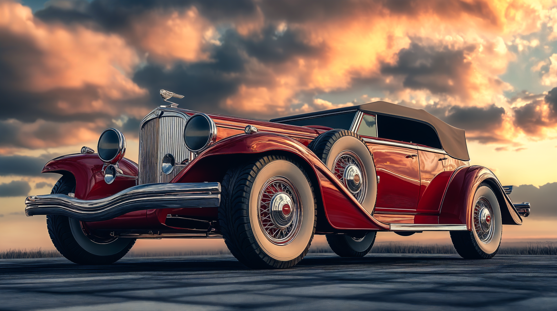 A vintage car gleams under a dramatic sky, showcasing its classic design and polished details, making it an eye-catching 4K Ultra HD desktop wallpaper and background.