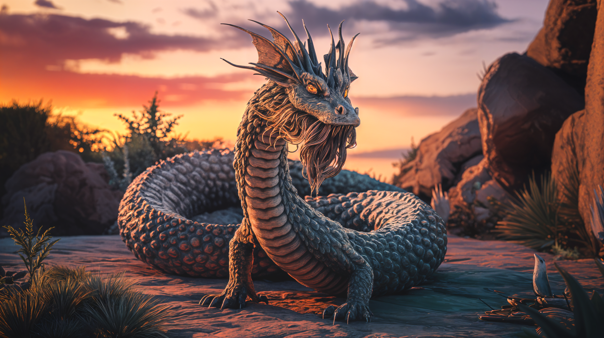 A majestic basilisk coils on rocky terrain, set against a vibrant sunset. This 4K Ultra HD wallpaper captures its intricate scales and fierce expression beautifully.