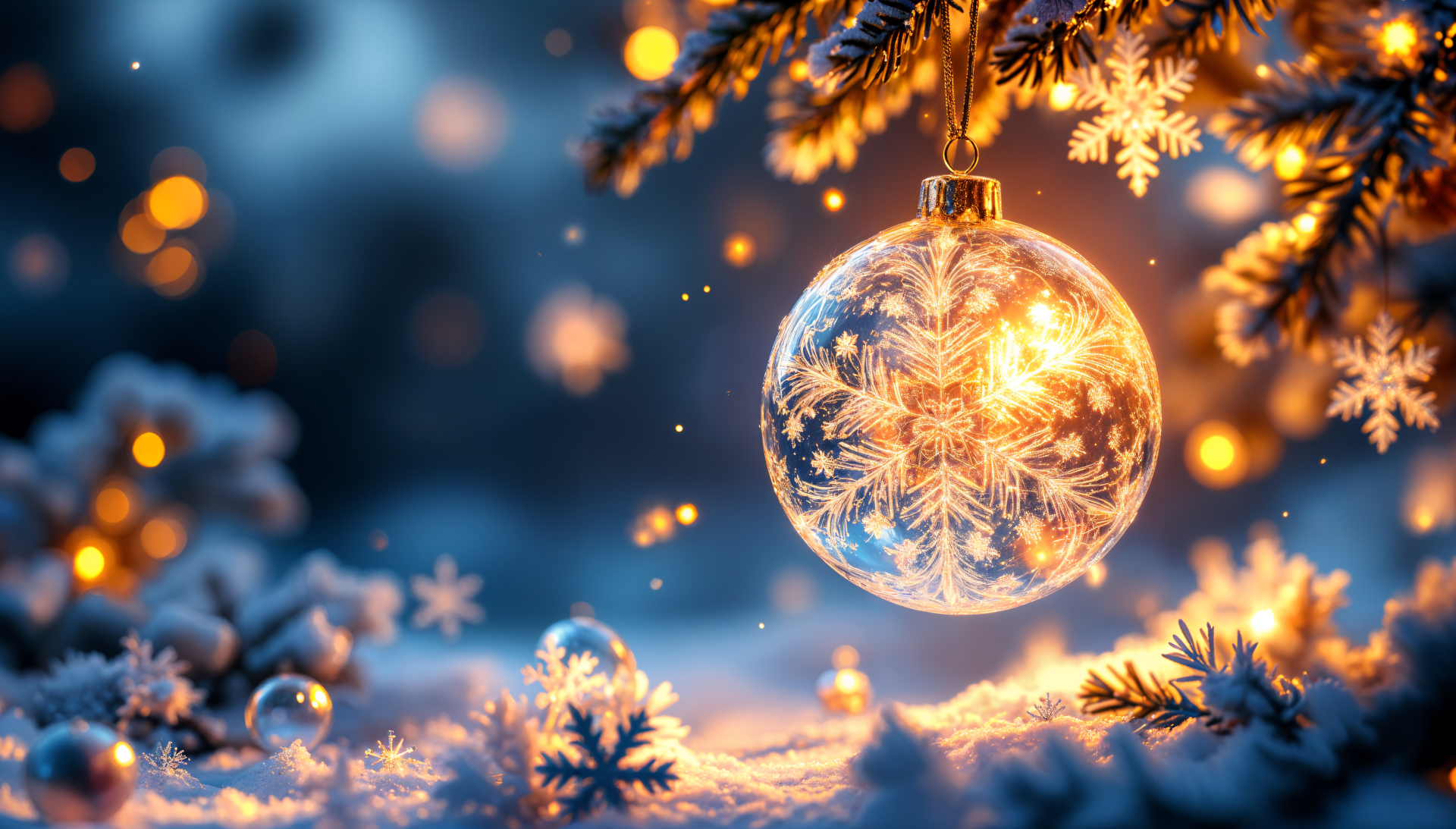 A beautifully lit Christmas ornament hangs from a snowy tree branch, surrounded by sparkling lights and soft snowflakes, creating a festive winter atmosphere in 4K Ultra HD.