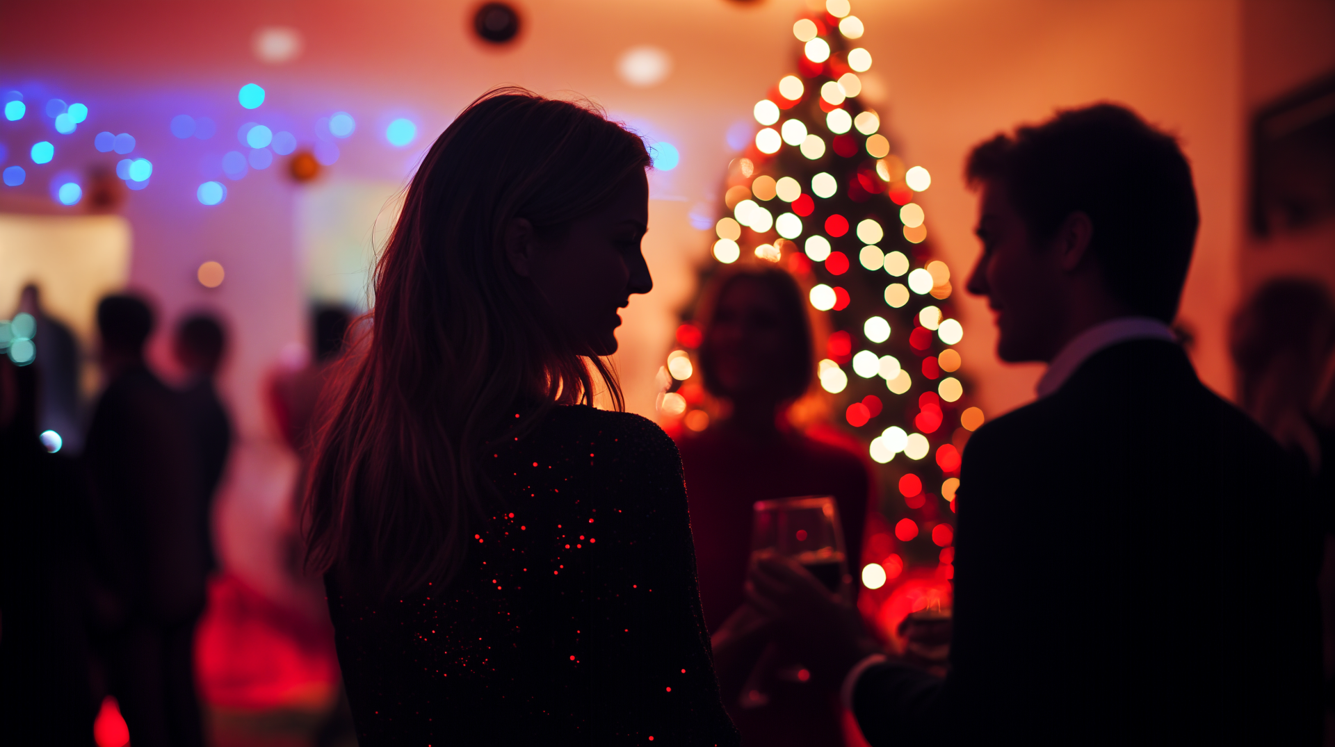 A couple flirts in silhouette at a festive Christmas party, with a beautifully lit tree and colorful decorations creating a warm, inviting atmosphere. 4K Ultra HD wallpaper quality.