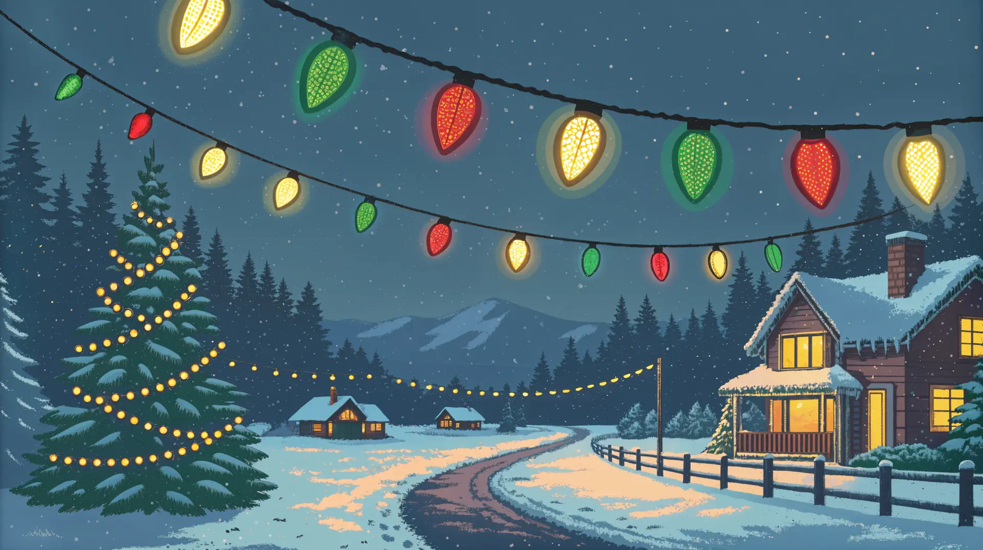 A cozy winter scene featuring a winding path lined with colorful Christmas lights, a decorated tree, and charming snow-covered houses against a night sky. Ideal for a 4K Ultra HD wallpaper.