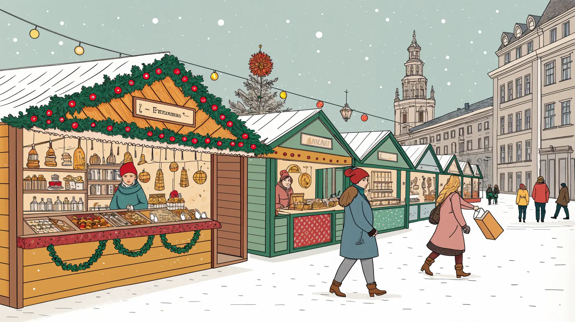 A charming Christmas market scene featuring festive stalls adorned with decorations, visitors exploring the offerings, and snow gently falling, set against a beautiful backdrop. 4K Ultra HD desktop wallpaper.