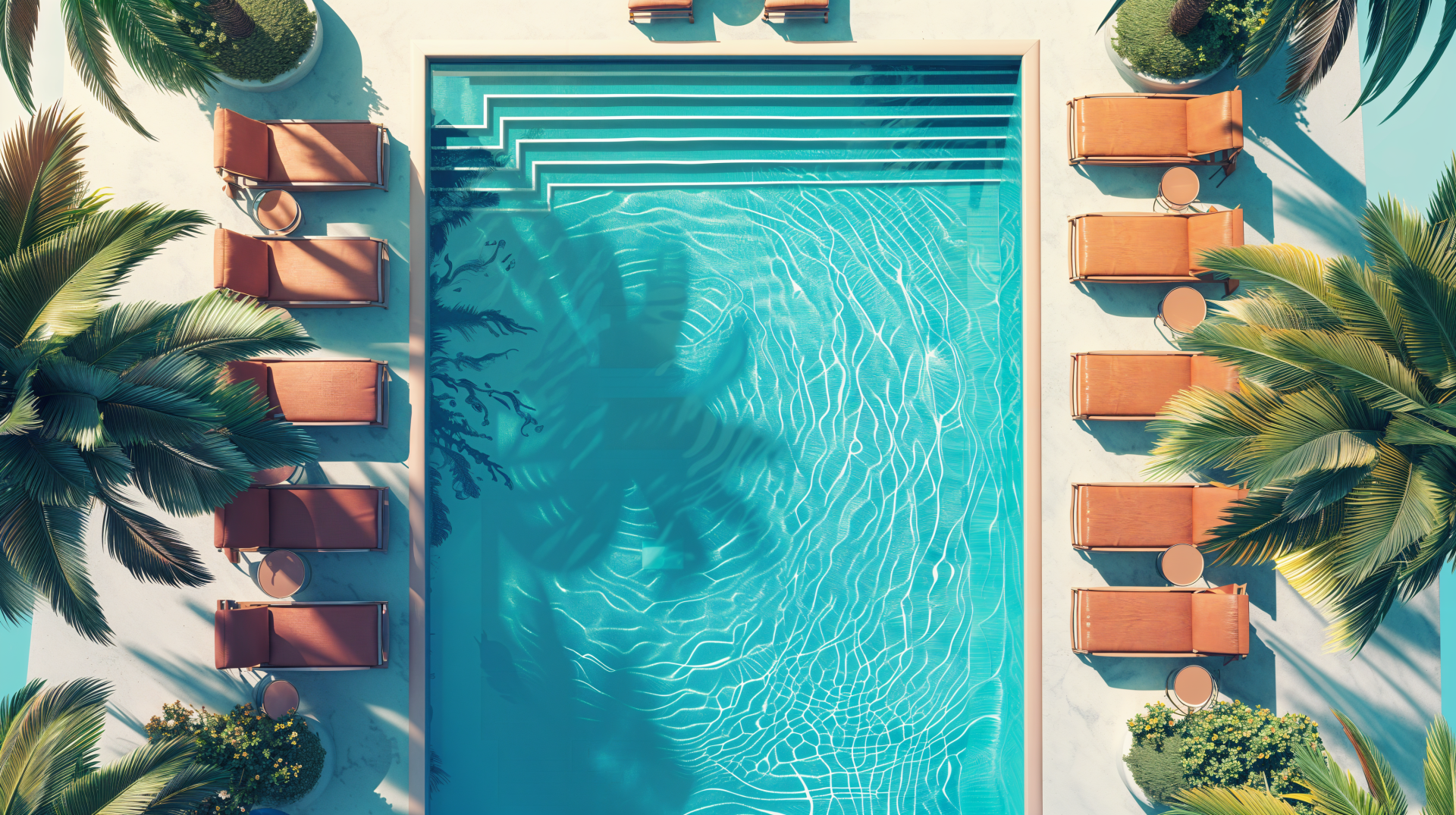 Aerial view of a serene poolside scene featuring turquoise water, comfortable loungers, and lush palm trees, captured in vibrant 4K Ultra HD quality.