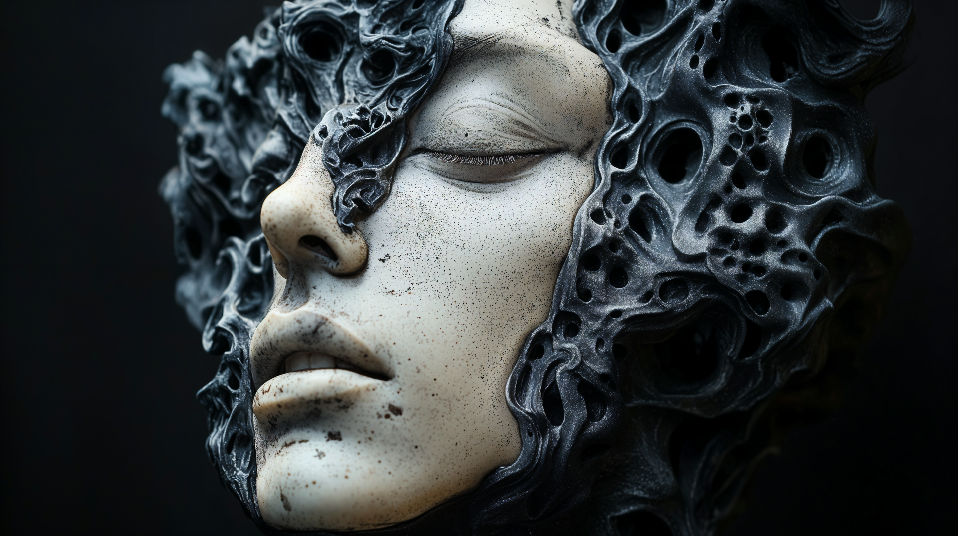 A futuristic synthoid with an intricately detailed face merges with organic, alien-like textures, creating a captivating sci-fi aesthetic in this 4K Ultra HD desktop wallpaper.