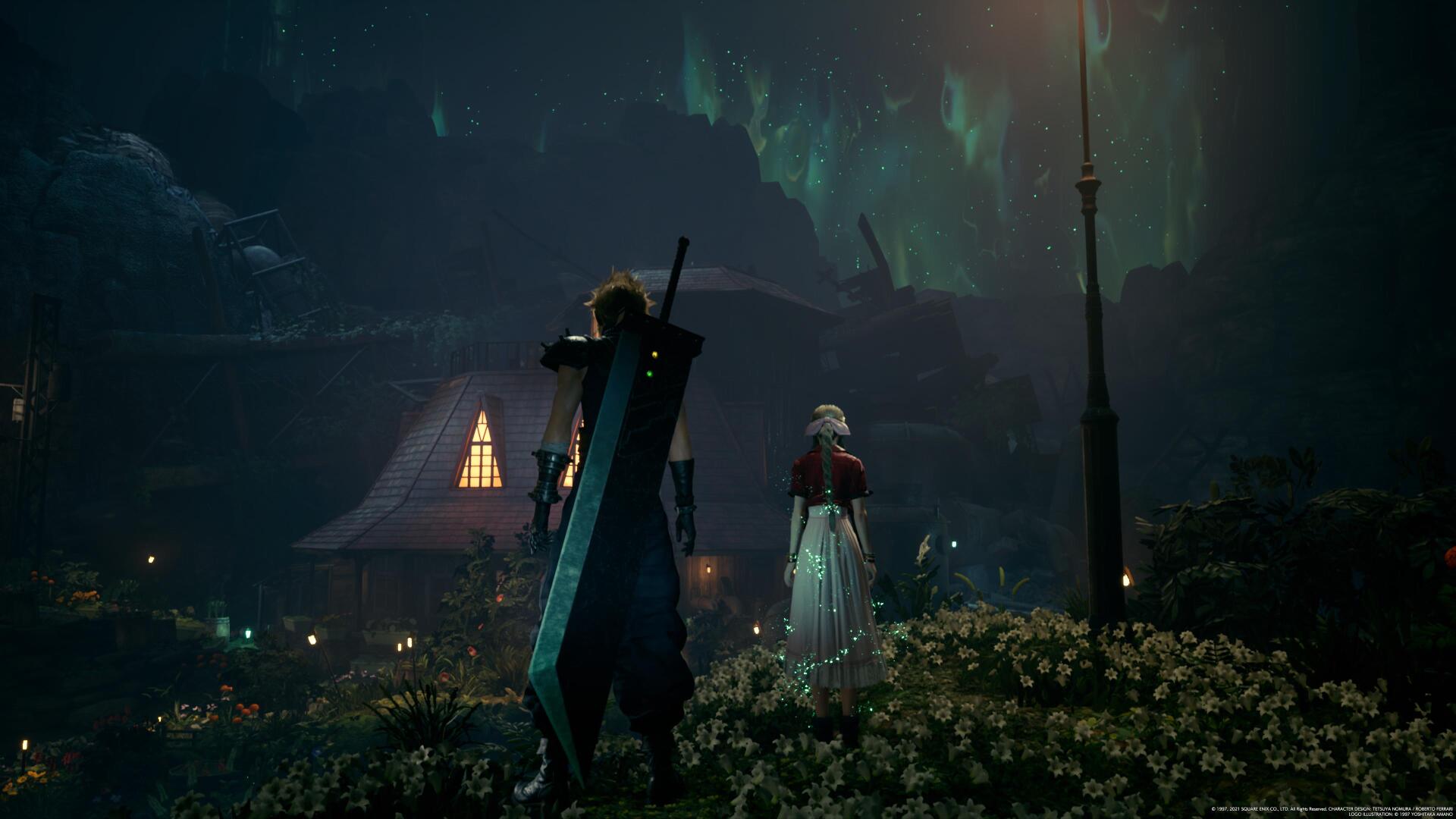 A scene from Final Fantasy VII Remake, featuring a character with a large sword standing in a flower-filled landscape, while another character gazes into the distance under a glowing sky.
