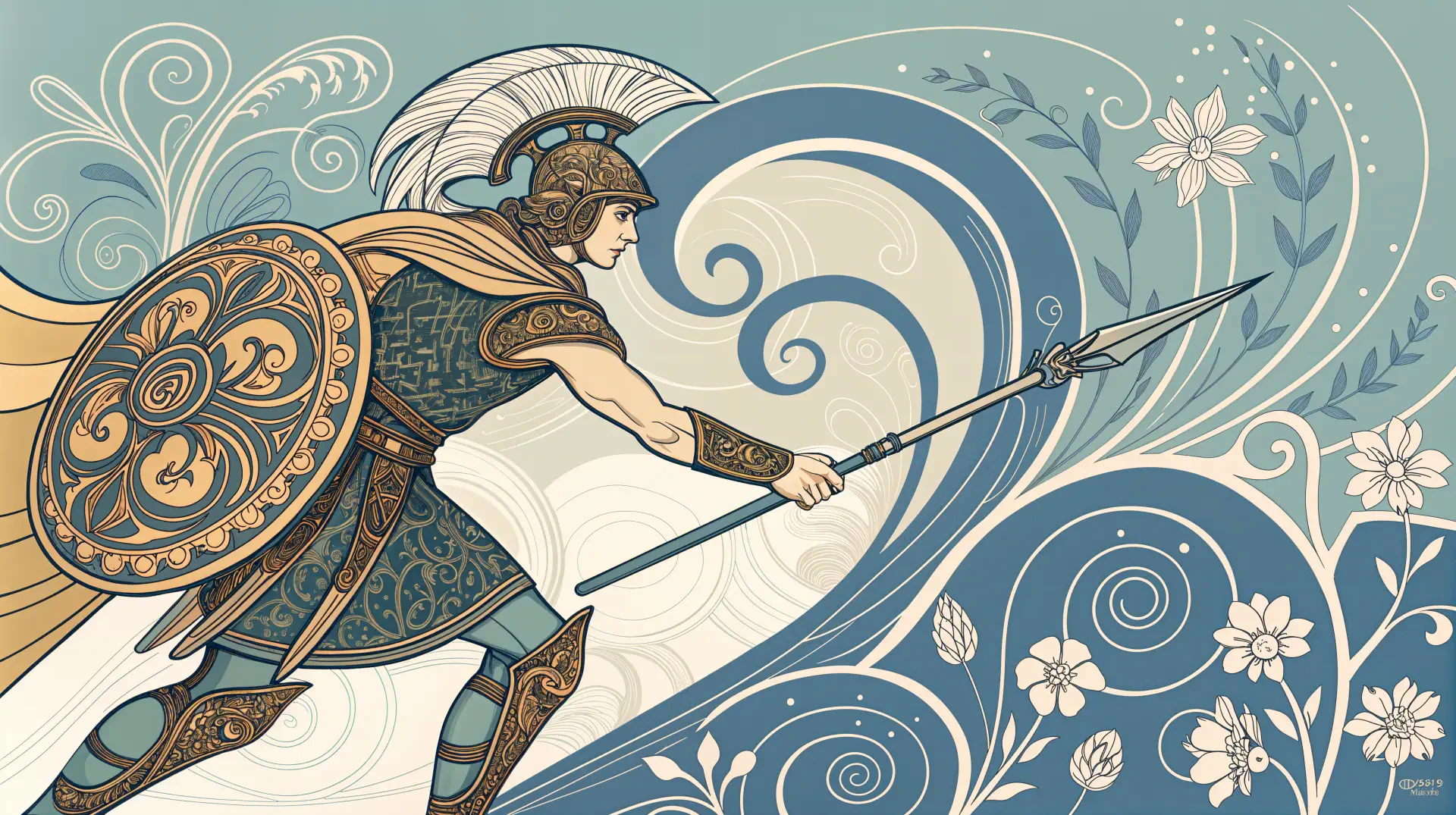 A detailed illustration of a gladiator wielding a spear, adorned in ornate armor, set against a flowing backdrop of swirling patterns and floral motifs. 4K Ultra HD desktop wallpaper.