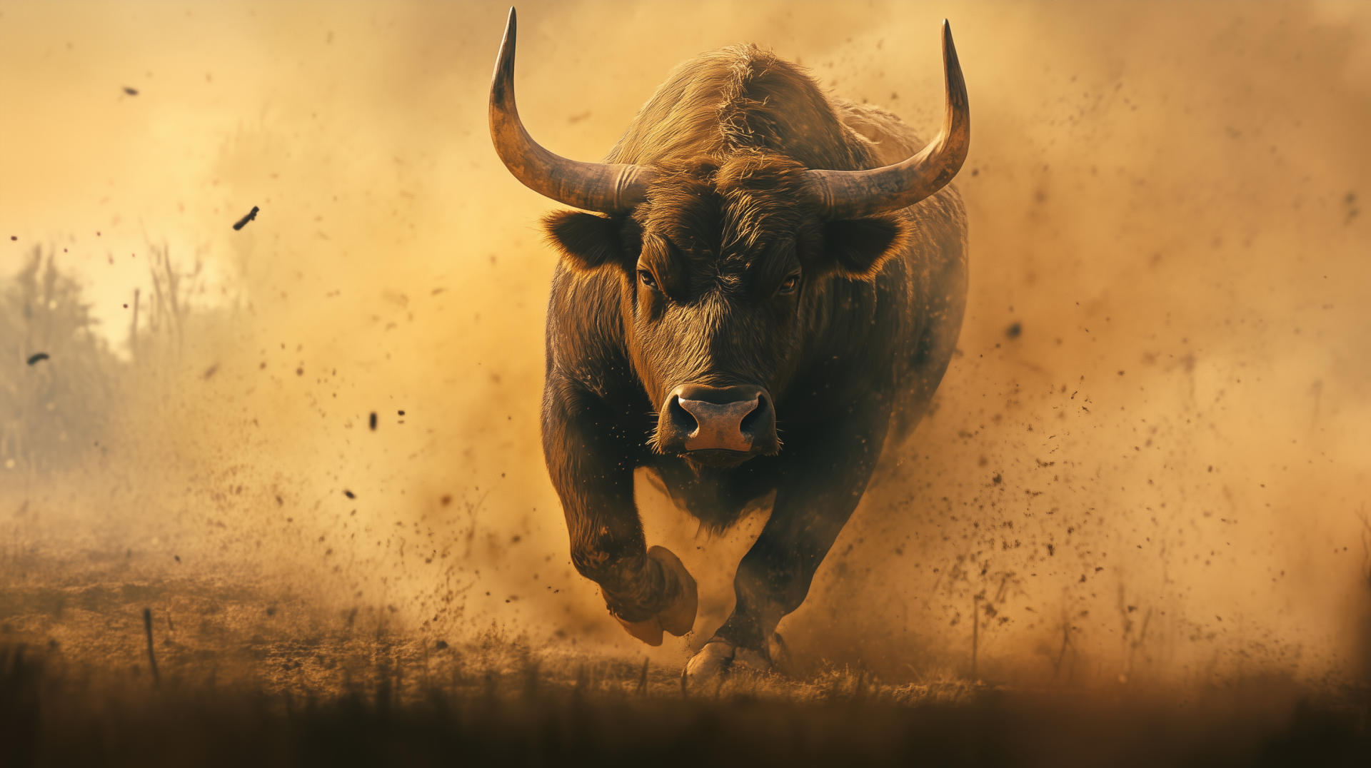 A powerful bull charges through a cloud of dust, showcasing its strength and movement. This striking image serves as an impressive HD desktop wallpaper and background.