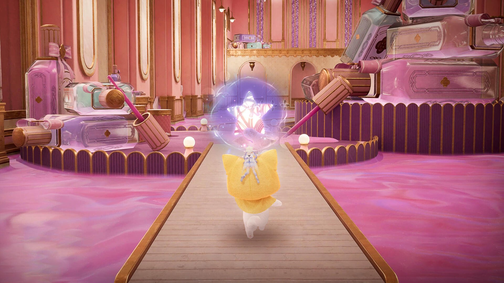 A vibrant scene from the video game Infinity Nikki, featuring a whimsical character navigating a fantastical, pink-hued landscape filled with playful elements. HD PC desktop wallpaper.