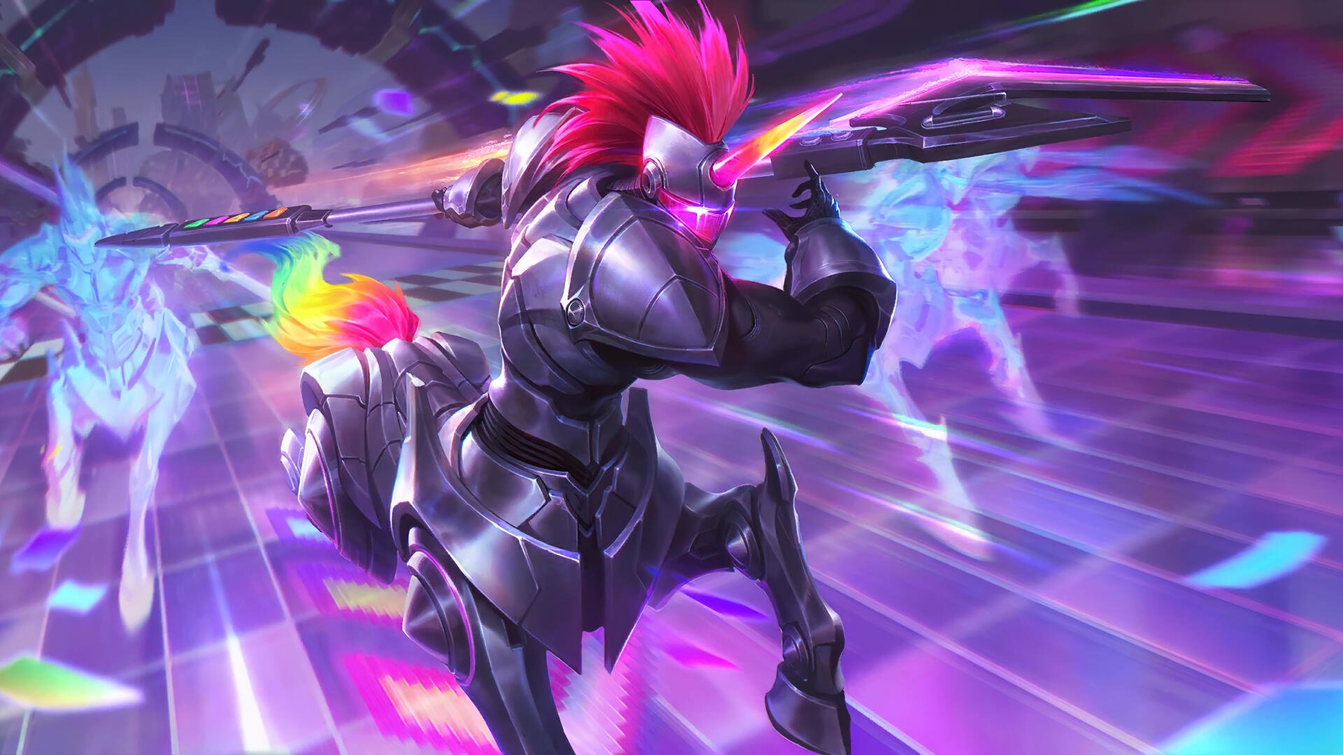 A colorful 4K Ultra HD wallpaper featuring Hecarim from League of Legends, depicted with vibrant colors and dynamic action in a futuristic setting.