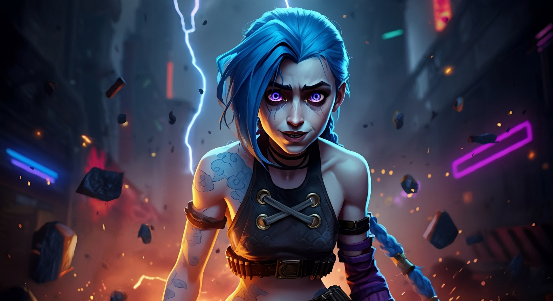 HD PC desktop wallpaper featuring Jinx from League of Legends with glowing eyes, blue hair, and an intense expression amidst a dramatic, electrified cityscape.