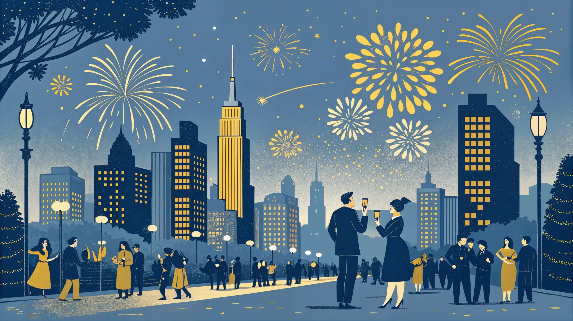 A vibrant New Year's Eve scene features fireworks lighting up a city skyline, with couples celebrating amidst a festive crowd, captured in stunning 4K Ultra HD detail.
