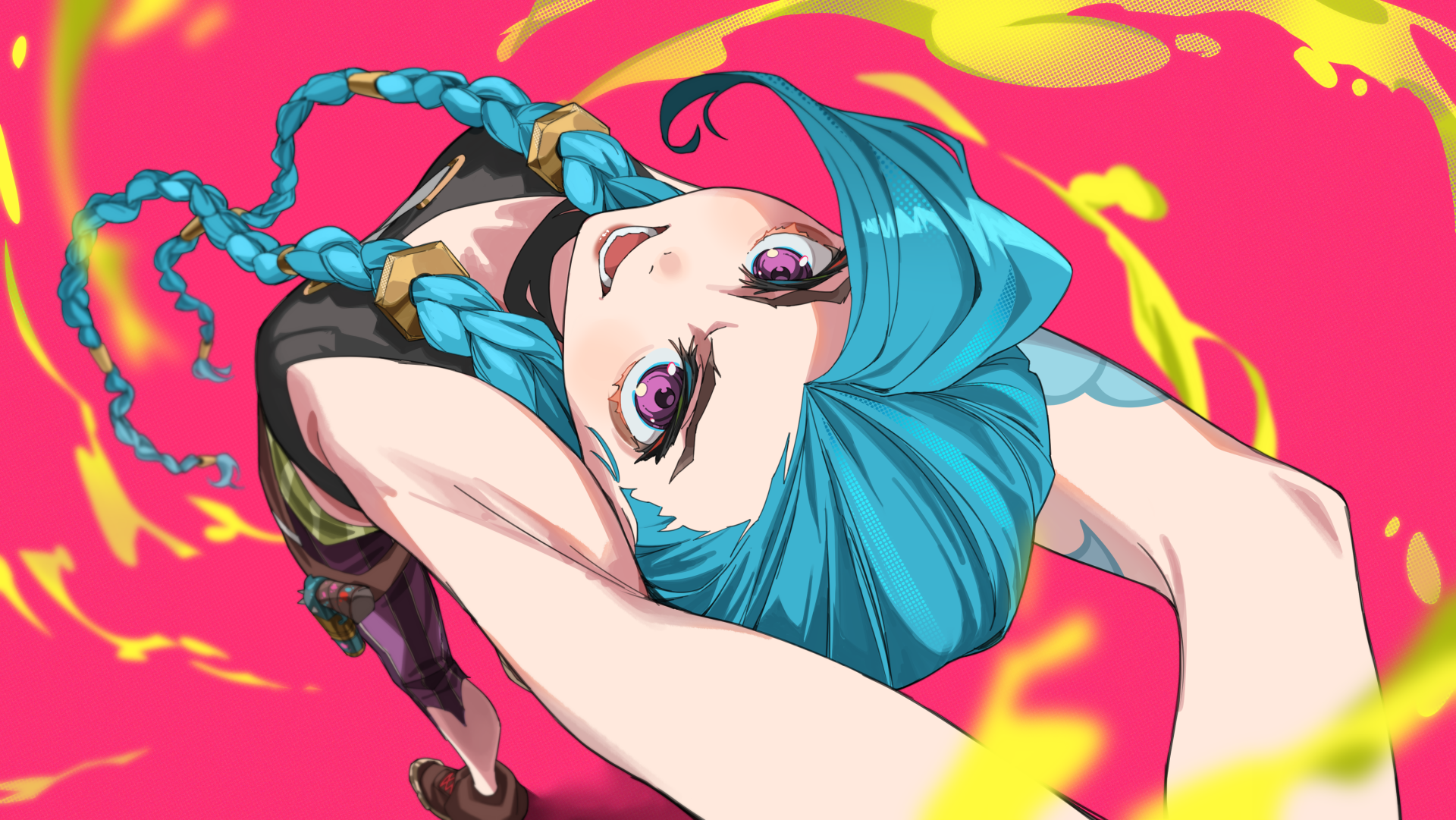 4K Ultra HD PC desktop wallpaper featuring Jinx from League of Legends with vibrant blue hair and expressive eyes against a bold pink and yellow background.