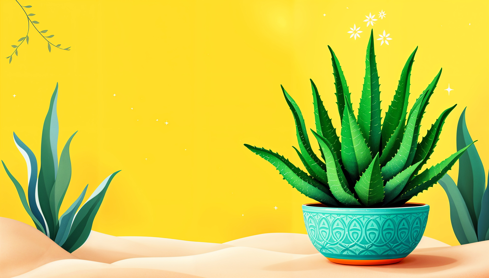 A vibrant aloe vera plant in a decorative turquoise pot stands against a bright yellow background, creating a lively 4K Ultra HD desktop wallpaper.