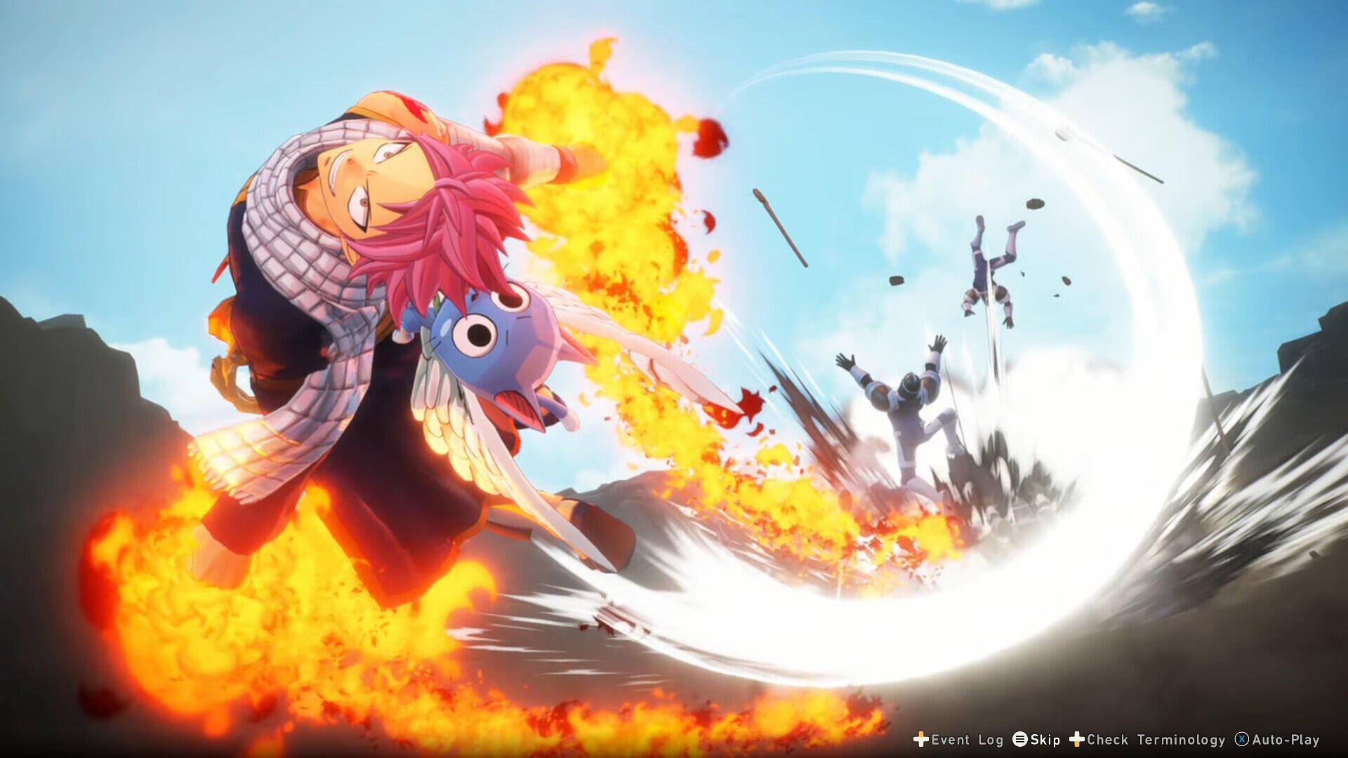 A dynamic scene from the video game FAIRY TAIL 2, featuring a character enveloped in flames, performing an action move against a backdrop of intense battle. High-definition wallpaper.