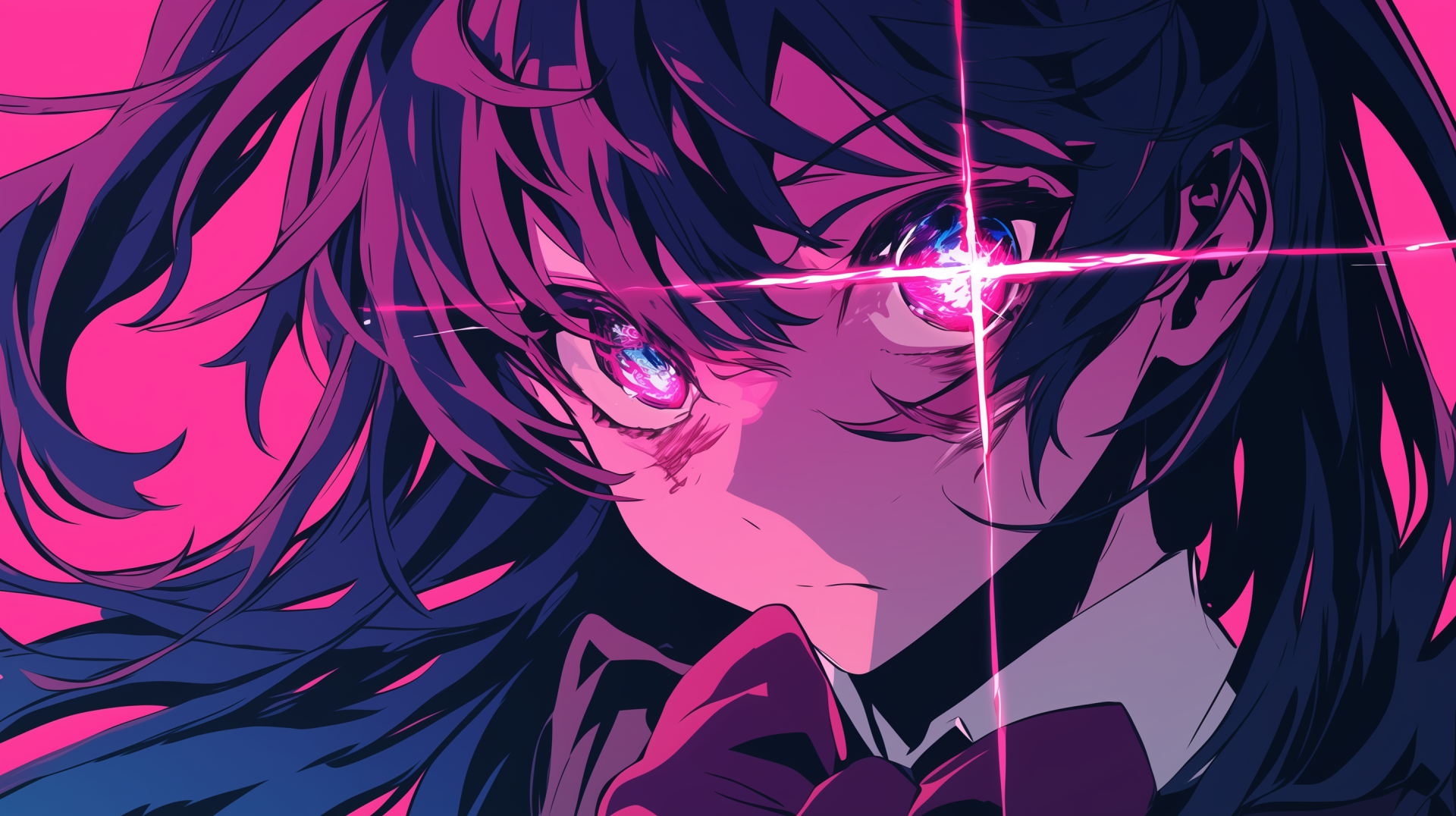 HD anime wallpaper featuring Ai Hoshino from Oshi no Ko, highlighted with vibrant purple tones and intense glowing light effects on her eye.