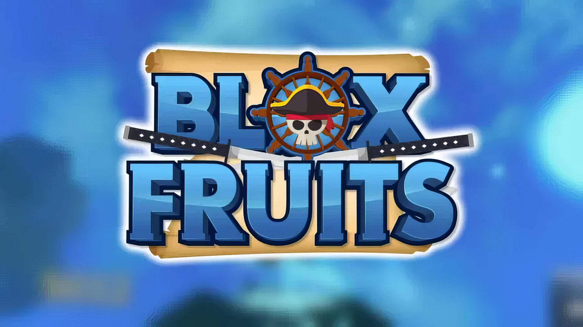 HD PC desktop wallpaper featuring the colorful Blox Fruits logo from the Roblox video game against a vibrant blue sky background.