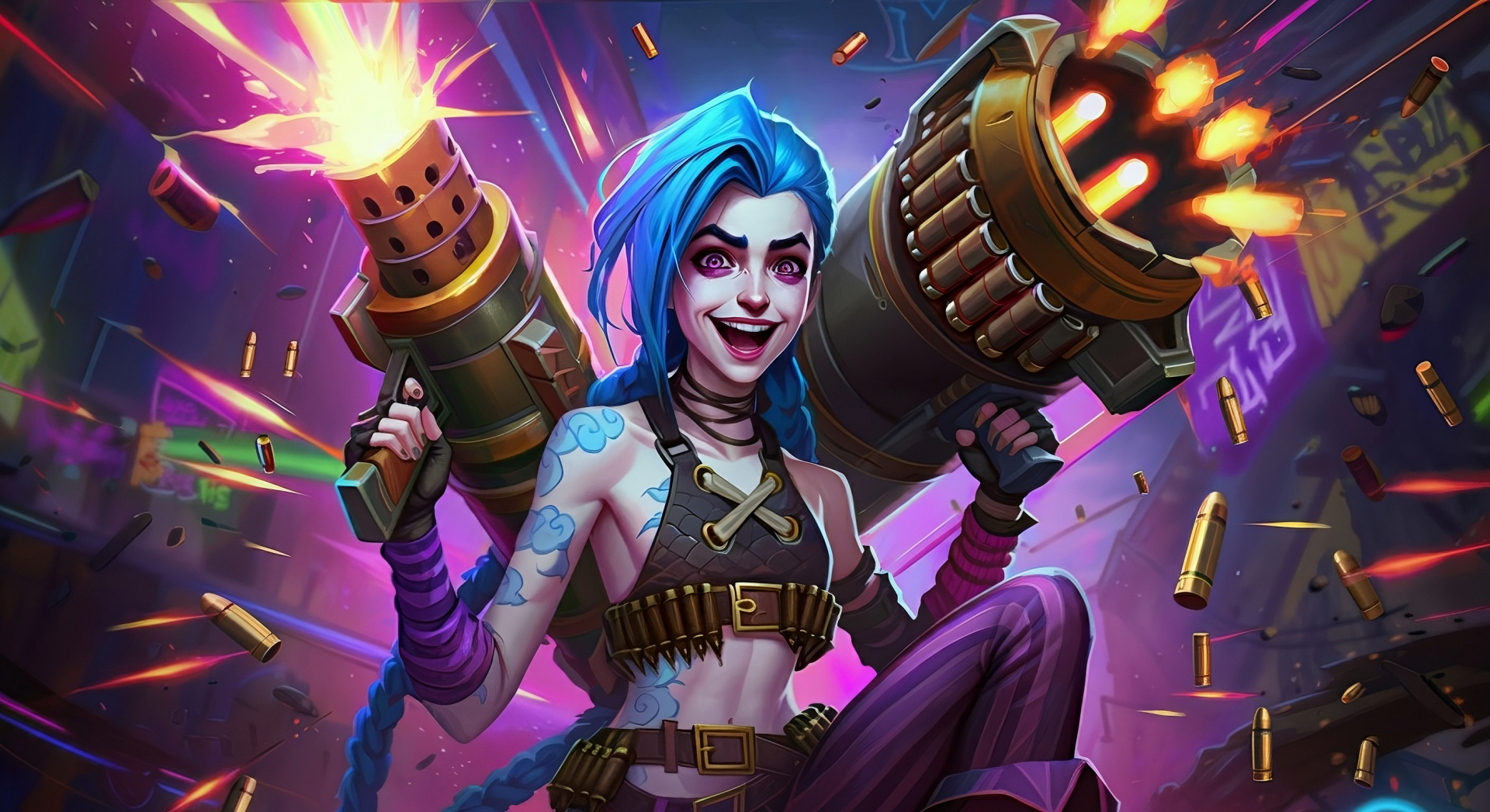 2K Quad HD League of Legends PC wallpaper of Jinx: blue‑haired troublemaker grinning, wielding twin gatling guns as neon explosions and spent casings fly around her.