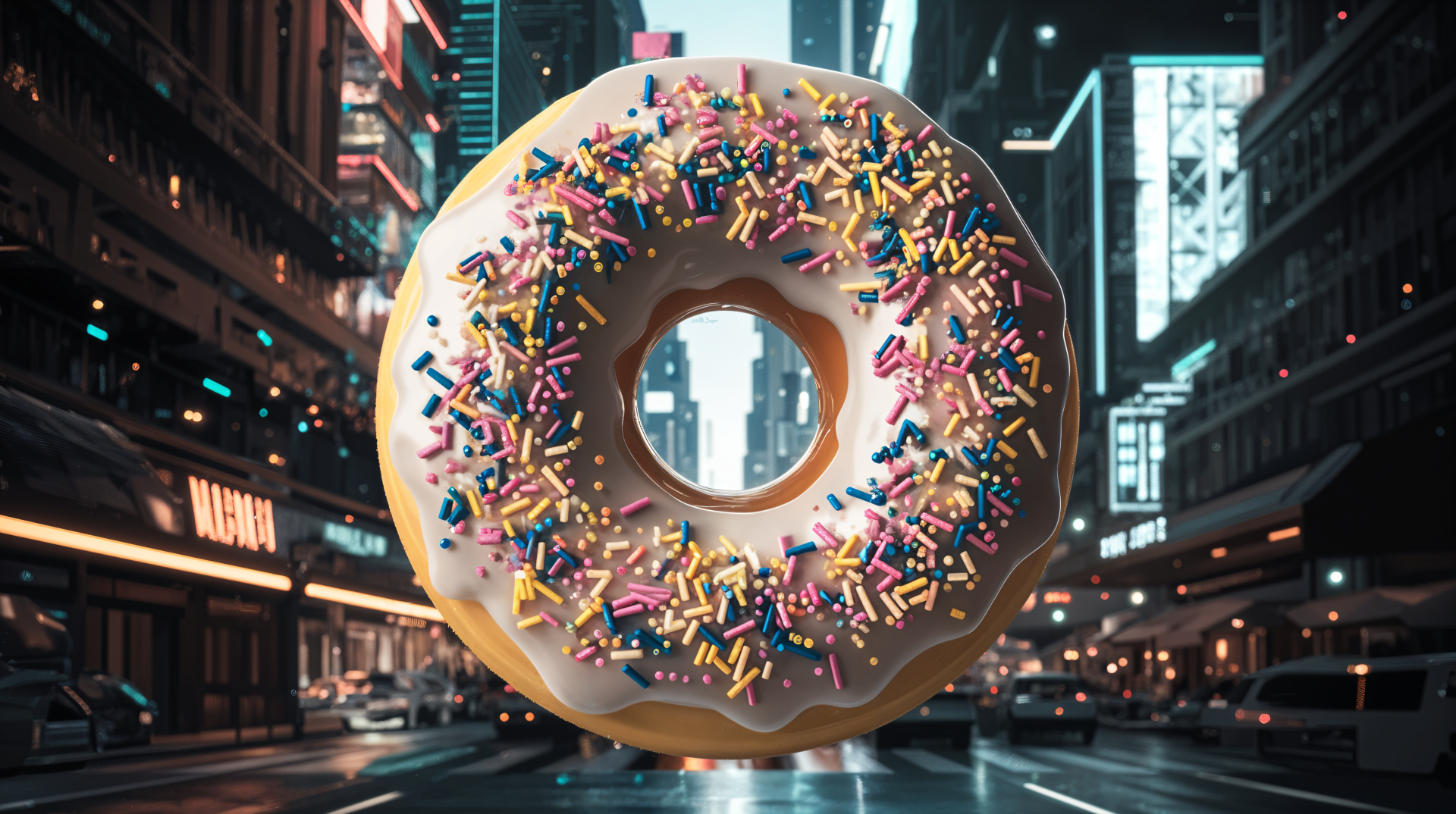 A vibrant doughnut adorned with colorful sprinkles, set against a bustling city street backdrop, showcased in stunning 4K Ultra HD resolution.