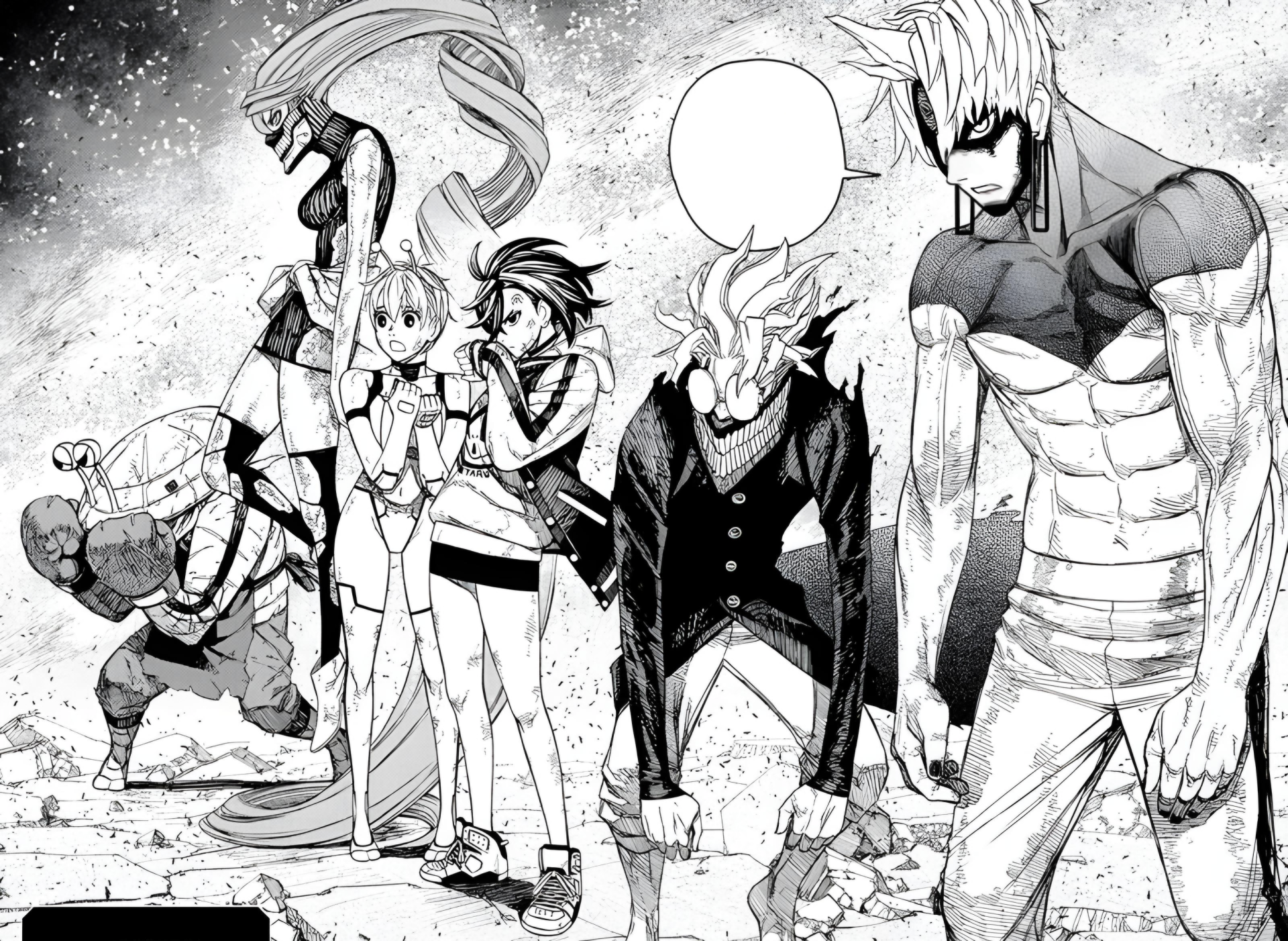 HD PC desktop wallpaper featuring grayscale manga characters from Dandadan, including Momo Ayase and Ken Takakura, portrayed in dynamic poses.