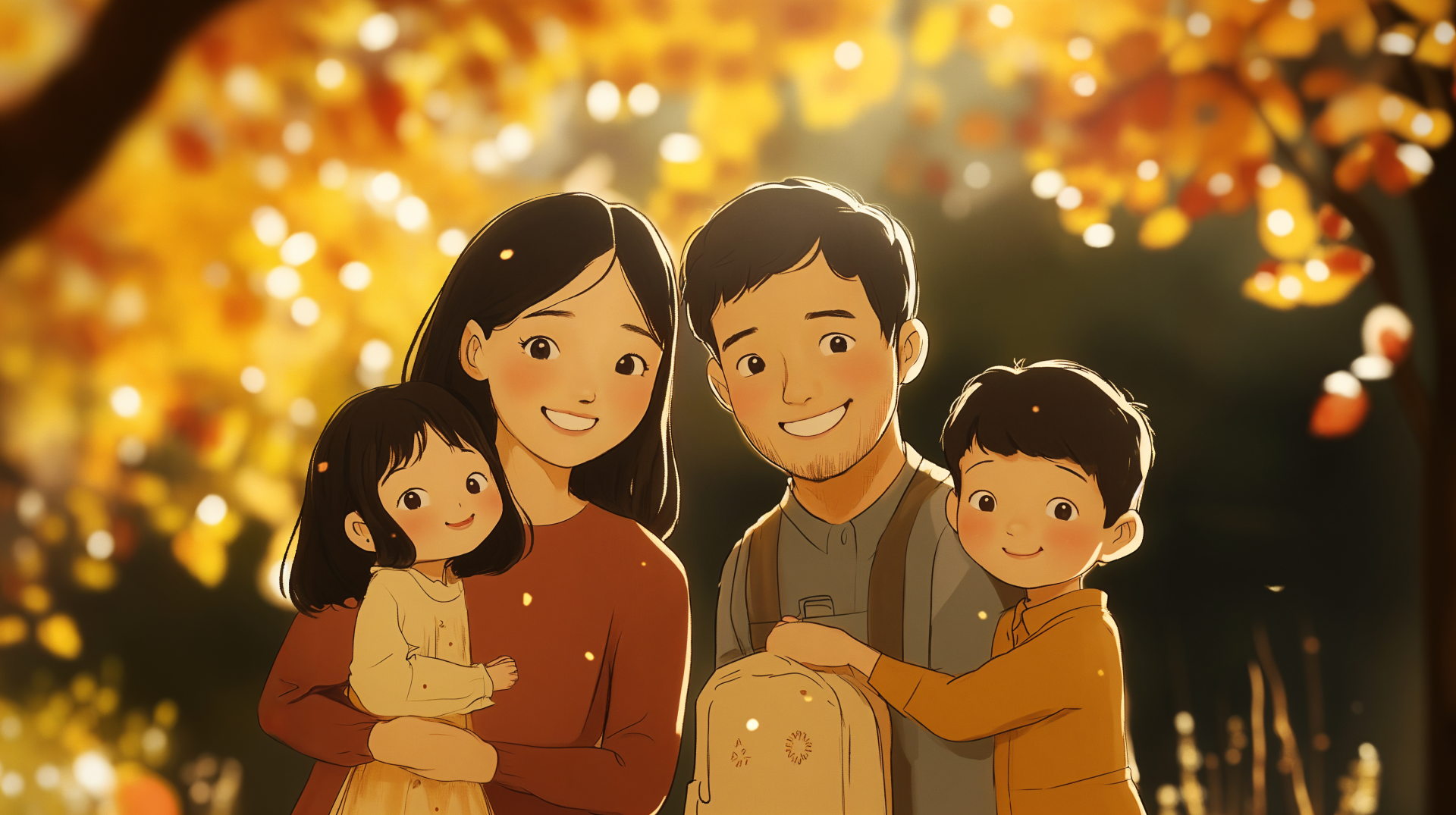 A happy family stands together amidst glowing autumn leaves, showcasing joy and warmth. This vibrant image serves as a 4K Ultra HD PC desktop wallpaper and background.