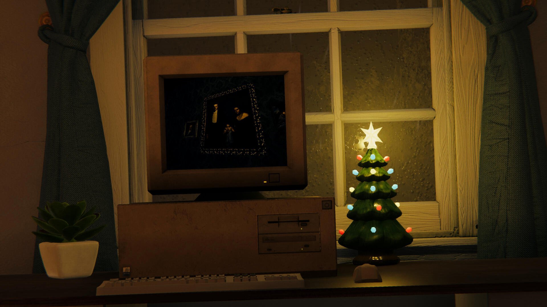 A cozy PC setup features a vintage monitor displaying the video game Among Ashes, illuminated by a small decorated Christmas tree beside it. Warm light filters through the window.