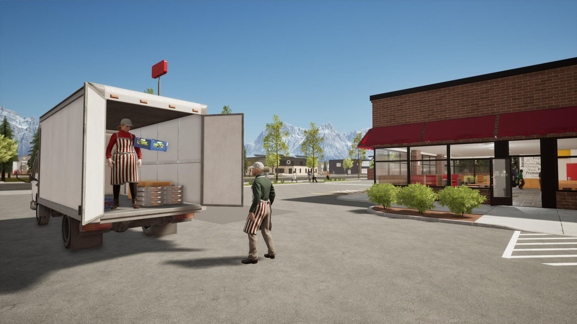 A vibrant 4K Ultra HD wallpaper featuring a fast food simulator scene, with workers unloading supplies from a truck outside a restaurant against a clear blue sky.