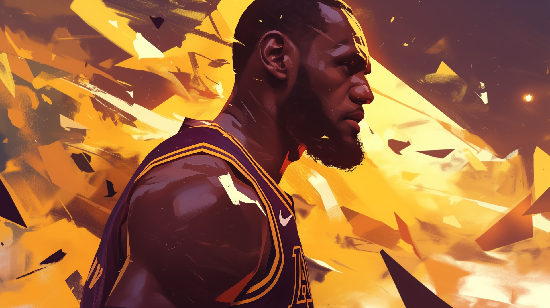 HD digital artwork of LeBron James in Los Angeles Lakers jersey, featuring dynamic orange and yellow abstract background, representing NBA basketball energy.