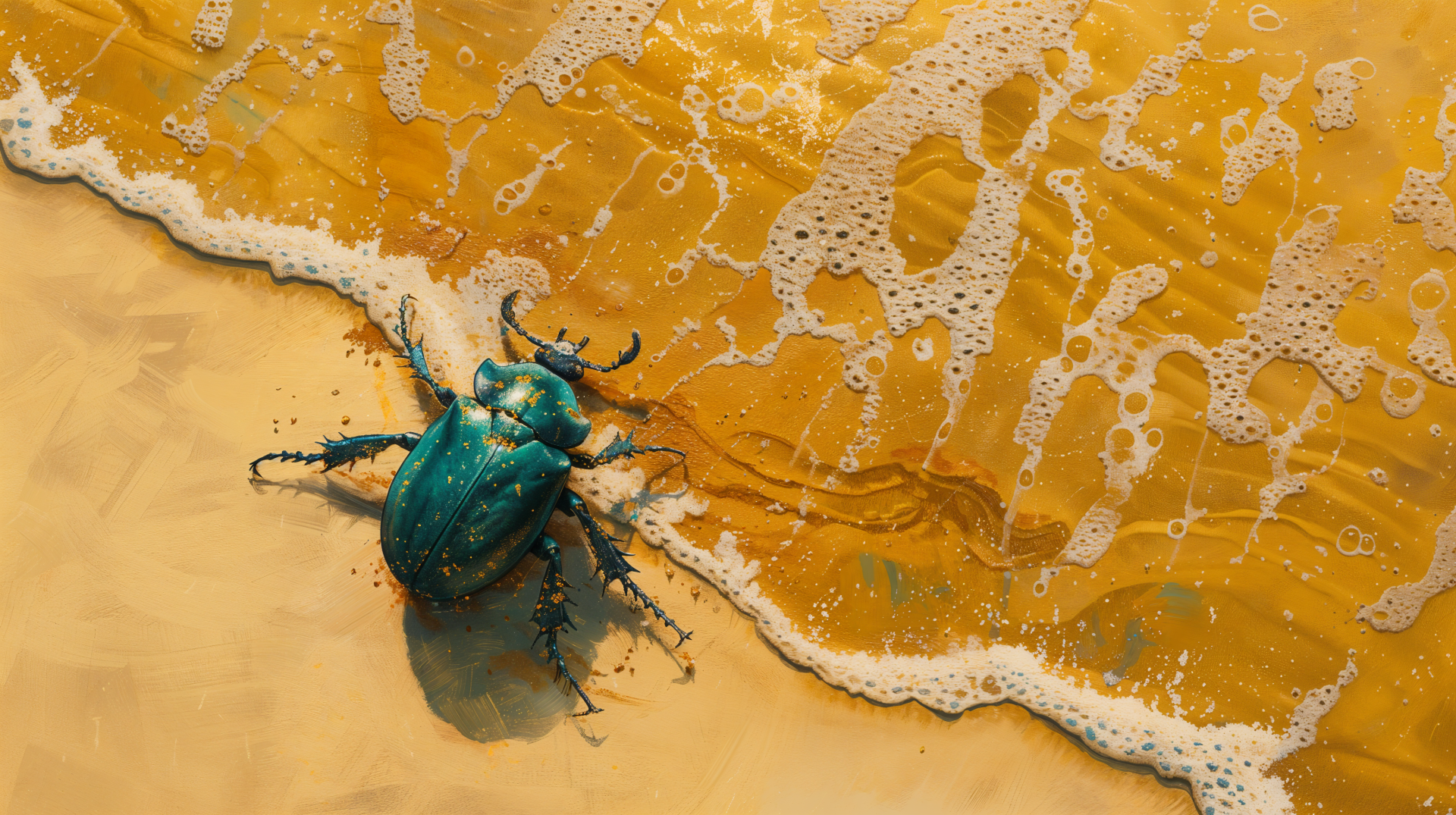 A vibrant green beetle crawls along a sandy beach, with foamy waves gently lapping at the shore. This stunning image captures the essence of bugcore in 4K Ultra HD.