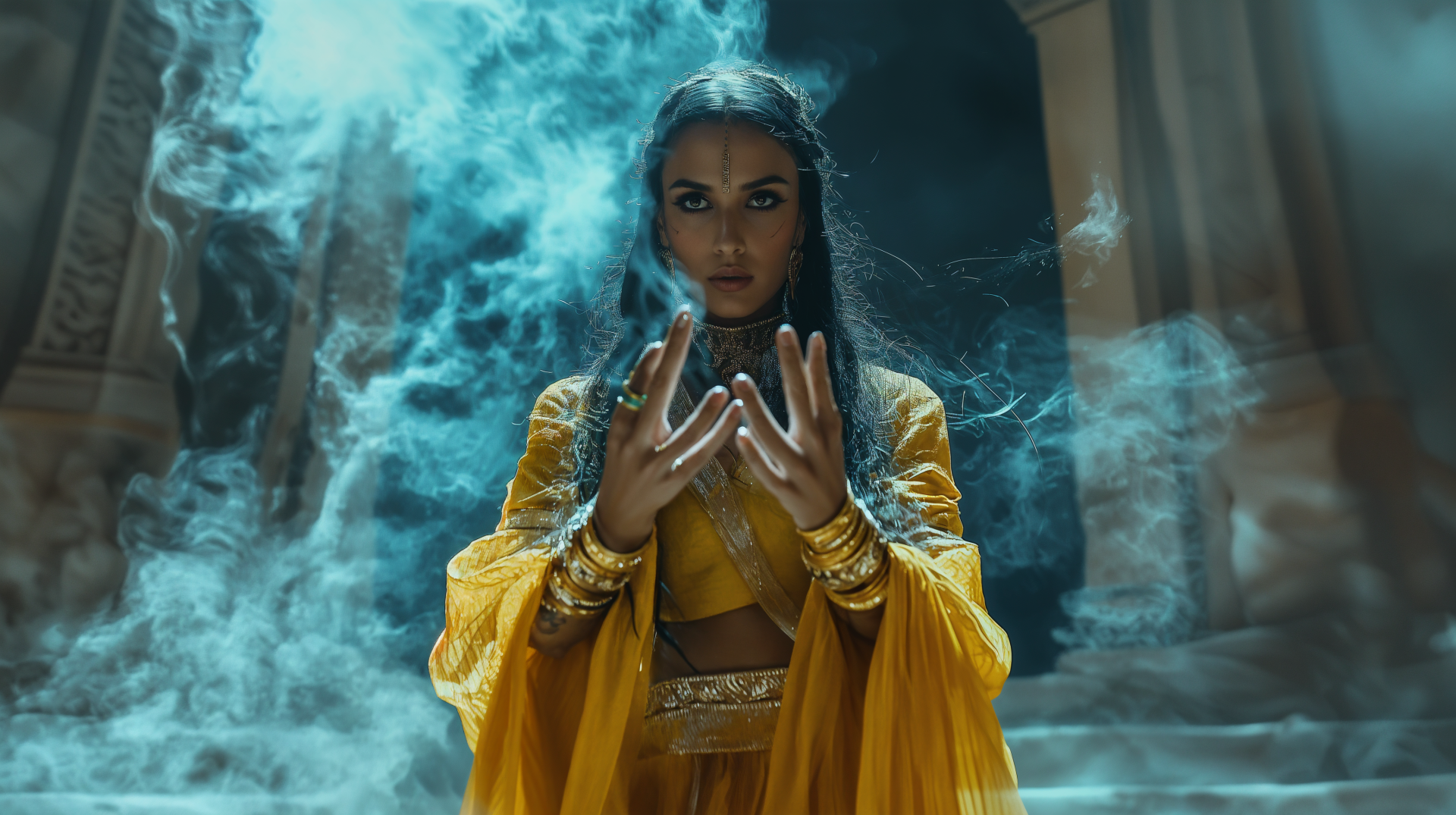 A mystical figure in a flowing yellow outfit conjures ethereal smoke, embodying the essence of a djinn in this stunning 4K Ultra HD desktop wallpaper.