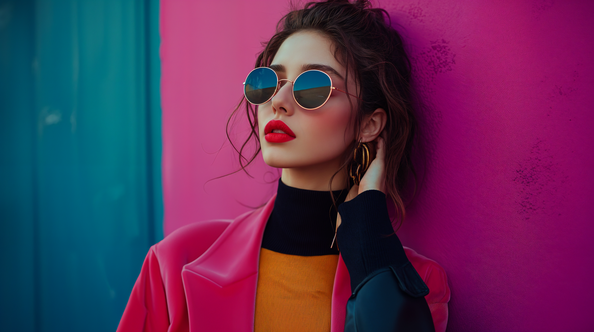 A stylish woman poses confidently against a vibrant pink backdrop, showcasing a trendy outfit with sunglasses, highlighted in this 4K Ultra HD fashion-inspired wallpaper.