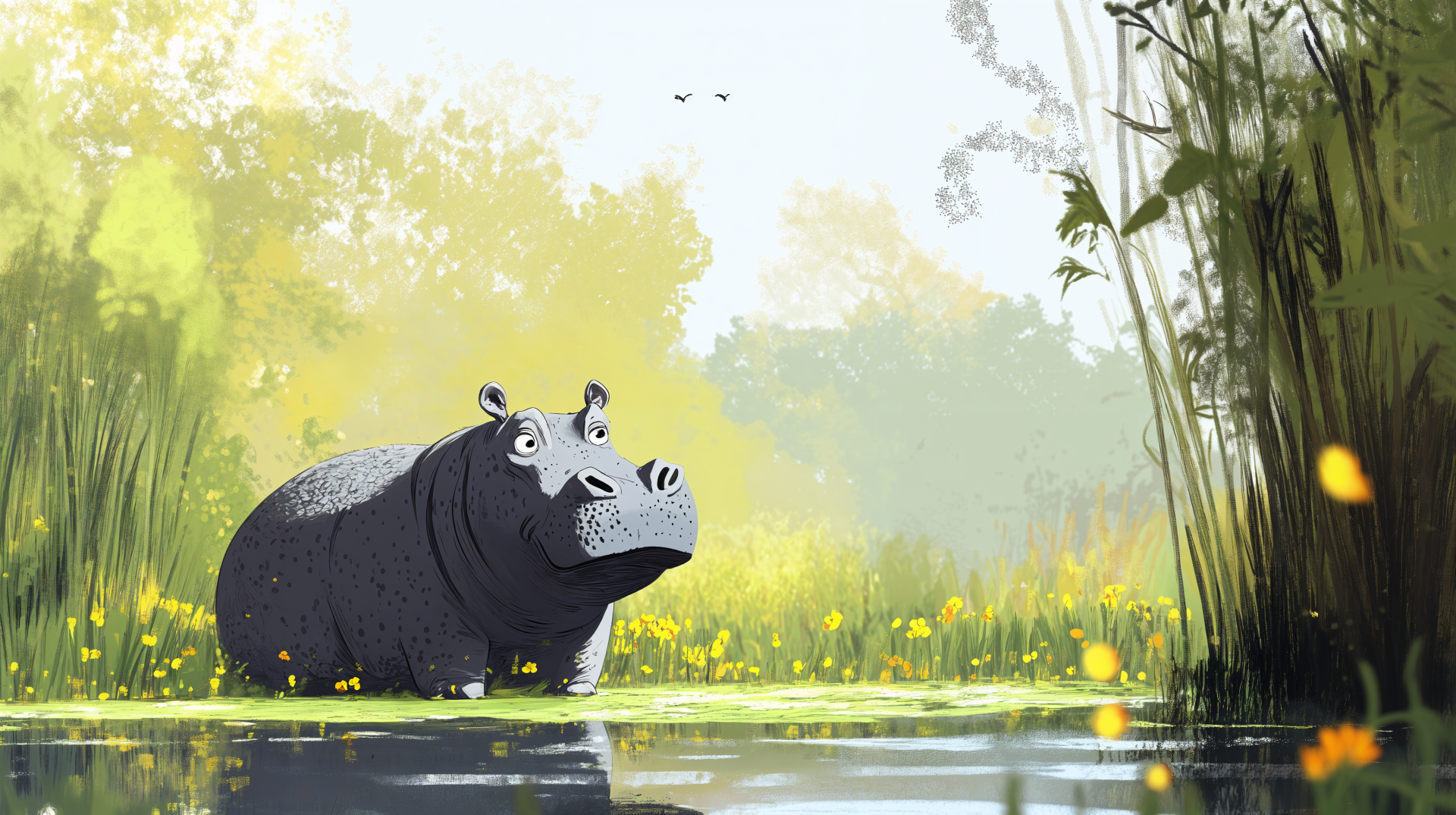 A serene scene featuring a hippo in a lush, sunlit environment with vibrant flowers and gentle water reflections, designed as a 4K Ultra HD desktop wallpaper and background.