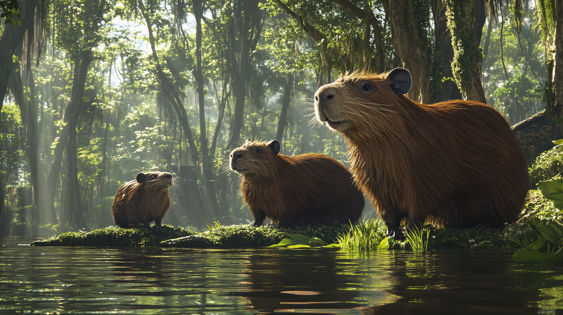 A serene scene featuring three capybaras near a tranquil water body, surrounded by lush greenery, captured in stunning 4K Ultra HD quality for a captivating desktop background.
