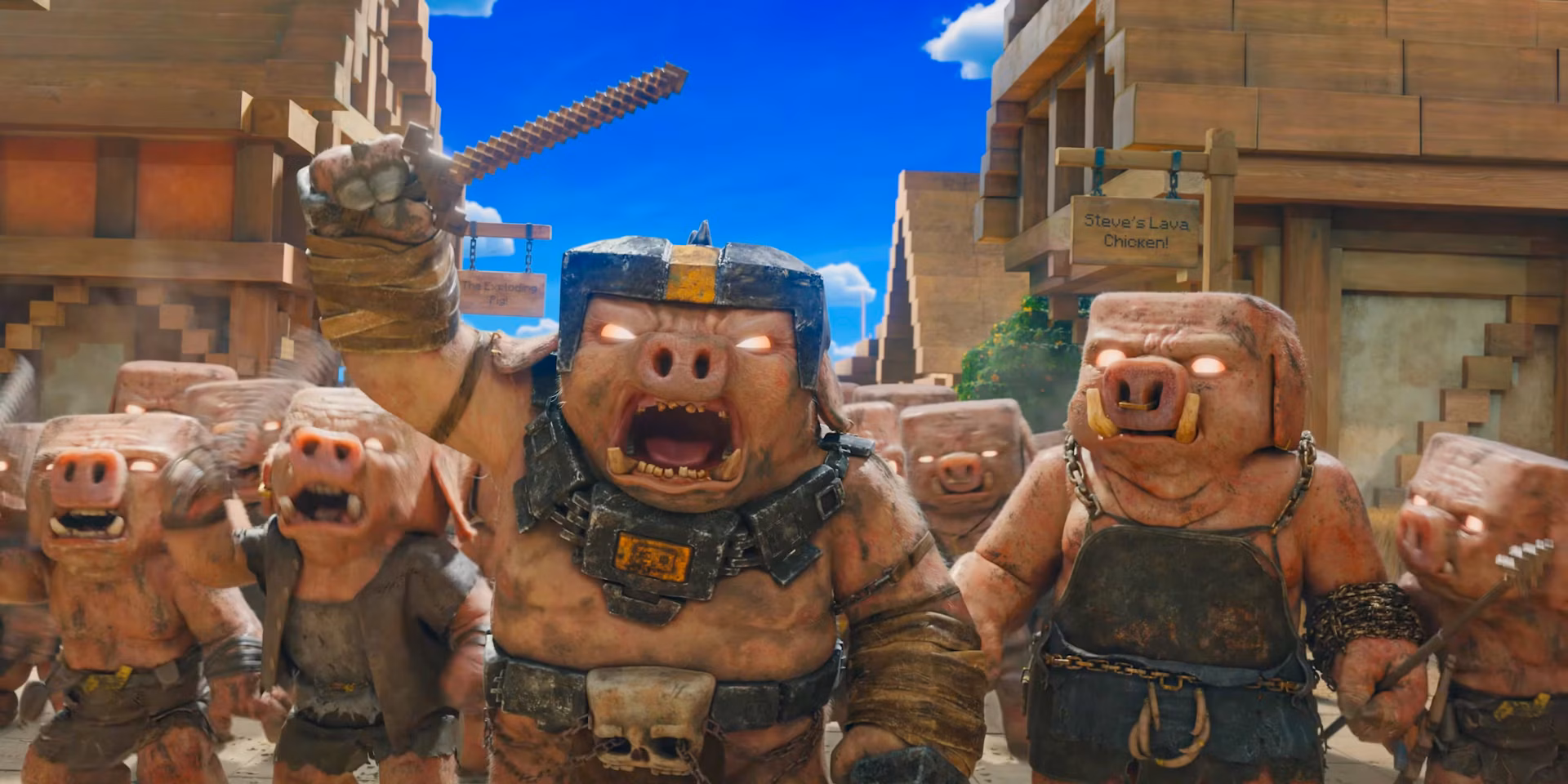 A vibrant HD wallpaper from A Minecraft Movie, featuring aggressive pig characters in a lively, blocky environment under a bright blue sky.