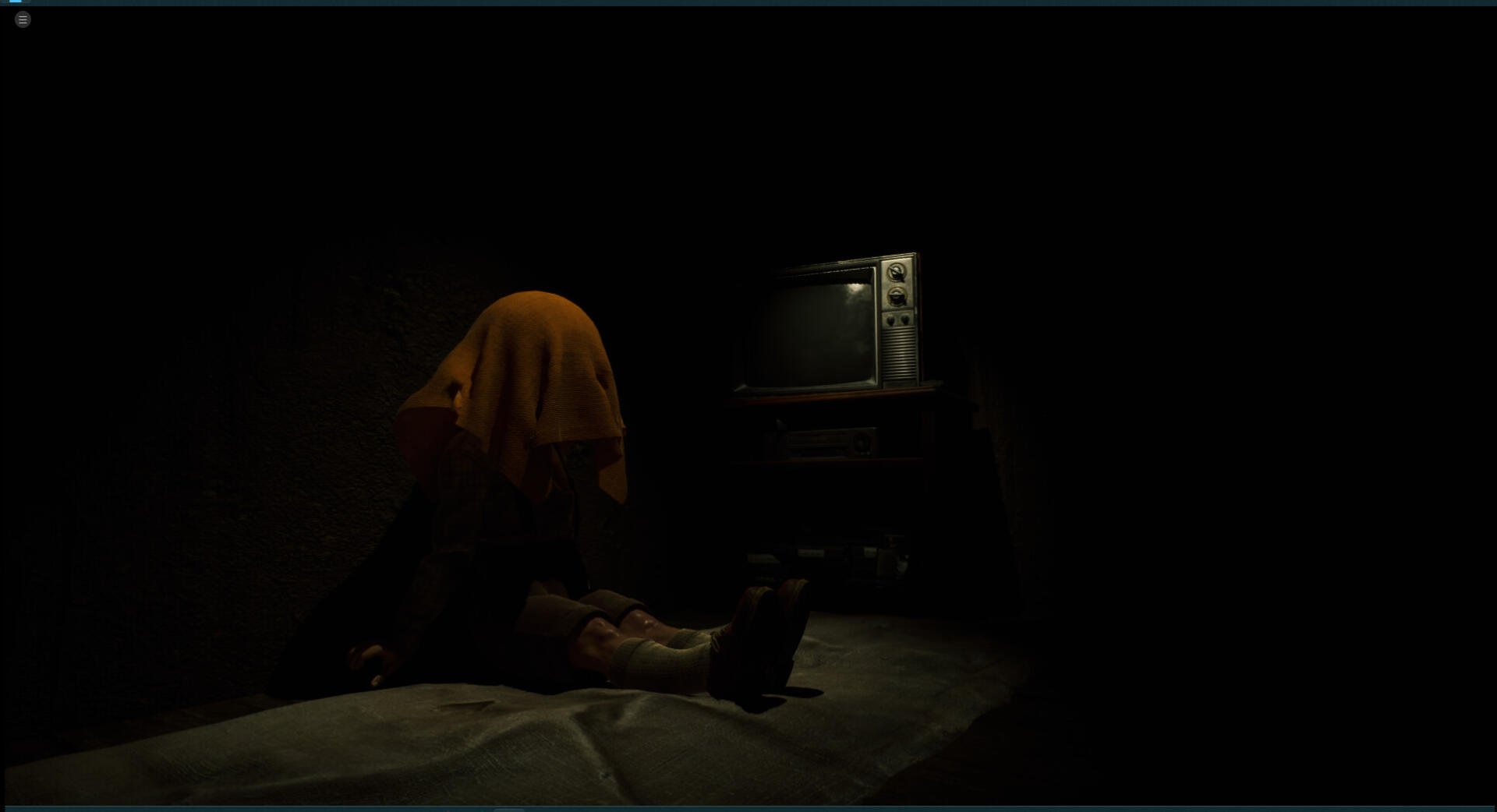 A dark scene from the video game The Cabin Factory, featuring a figure draped in a yellow cloth sitting by an old television, creating an eerie atmosphere for an HD PC wallpaper.