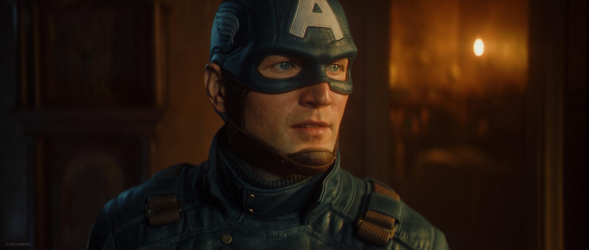 HD wallpaper featuring Captain America from the video game MARVEL 1943: Rise of Hydra, showcasing a detailed and intense portrayal of the iconic superhero.