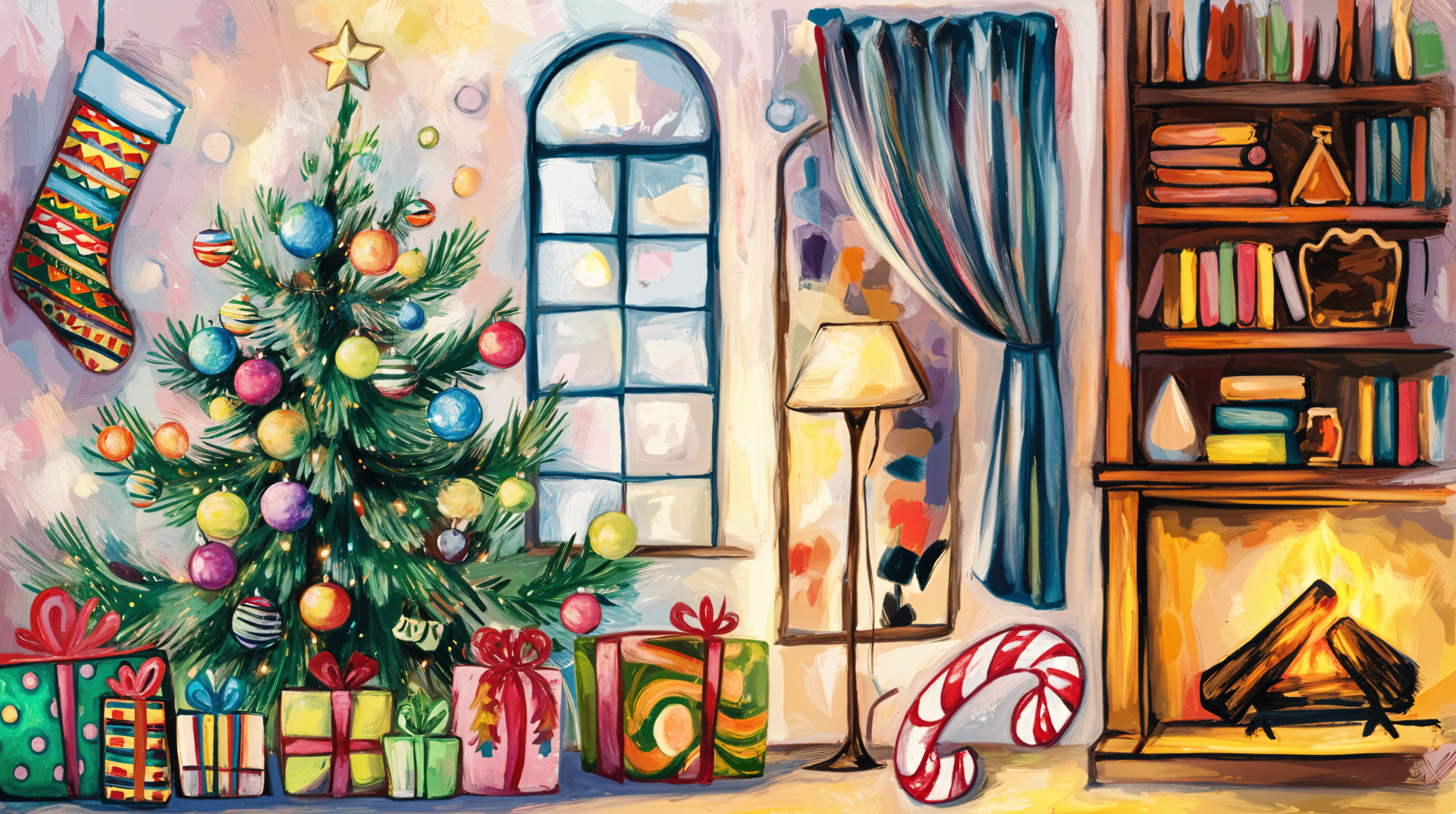 A cozy scene featuring a decorated Christmas tree, gifts, and a glowing fireplace, capturing the essence of holiday cheer. This vibrant artwork is a 4K Ultra HD desktop wallpaper.