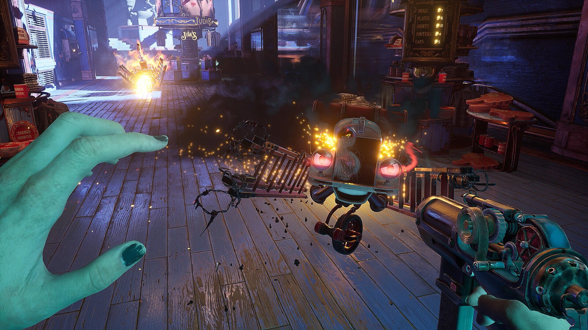 A dynamic scene from the video game Judas (2025), showcasing intense gameplay with an engaging hand gesture and futuristic elements in a vibrant, detailed environment.